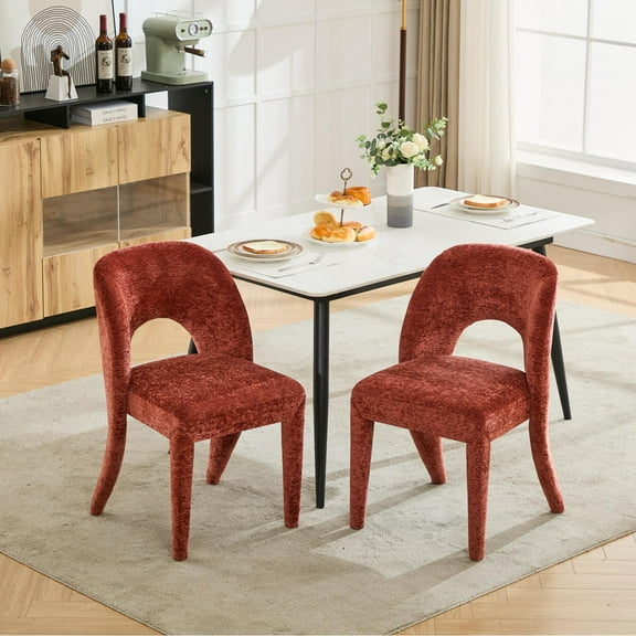Noble House Set of 2 Chenille Dining Chairs, Hollow Back Upholstered Side Chairs with Iron Frame, Rose