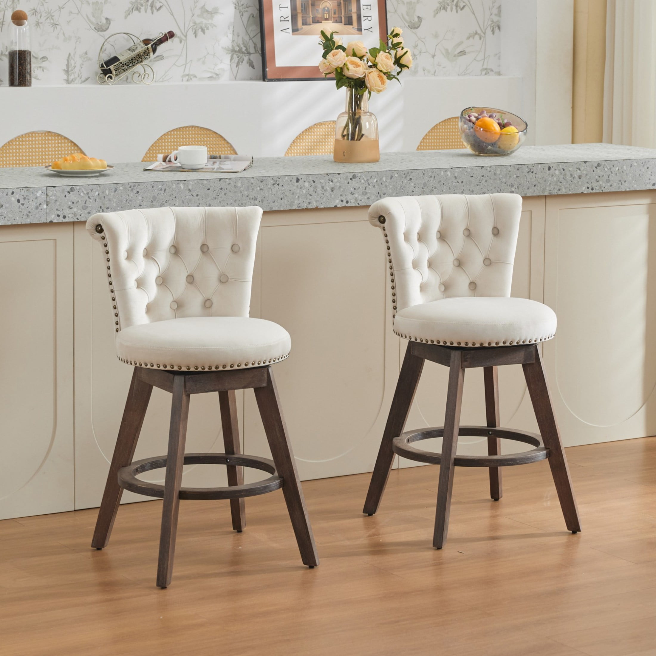 Noble House Set of 2 Counter Height Bar Stools, 360° Swivel Velvet Seats, Tufted Back, Beige