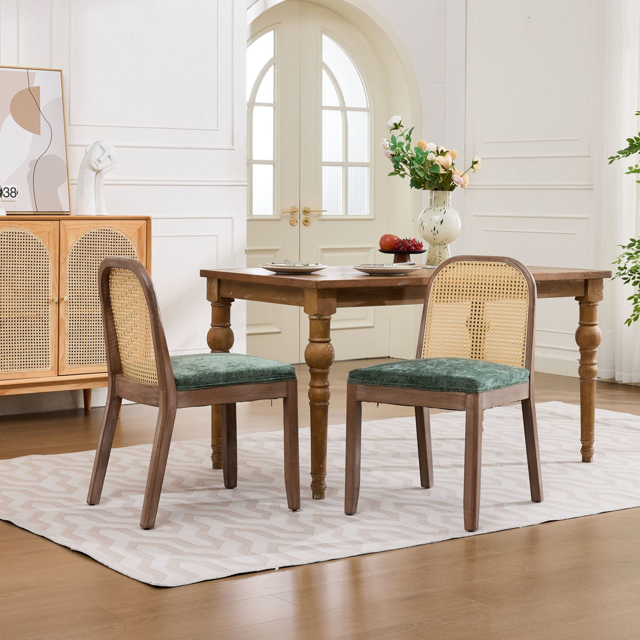Noble House Set of 2 Dining Chairs, Curved Cane Back, Chenille Upholstered Seat, Olive Green