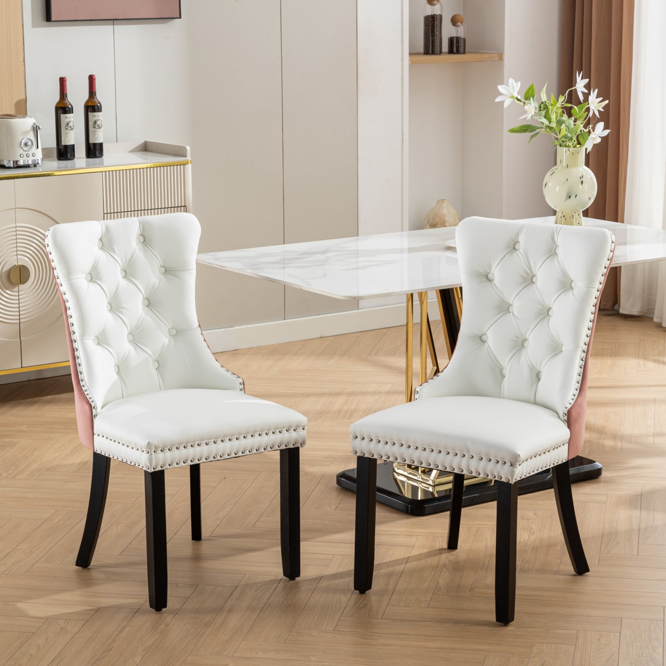 Noble House Set of 2 Dining Chairs, PU Leather and Velvet Upholstery, Tufted Back, White + Pink