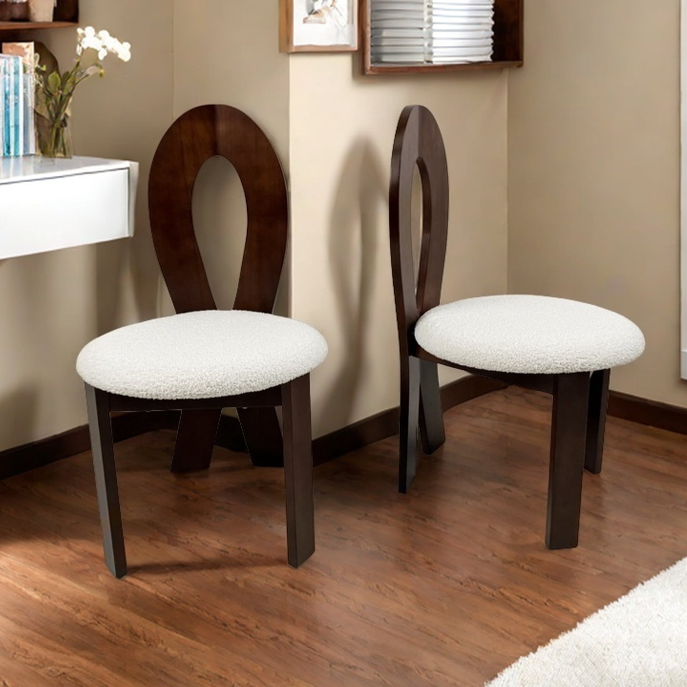 Noble House Set of 2 Dining Chairs with Ribbon-Cross Backrest, White Teddy Velvet Upholstered Cushions, Brown