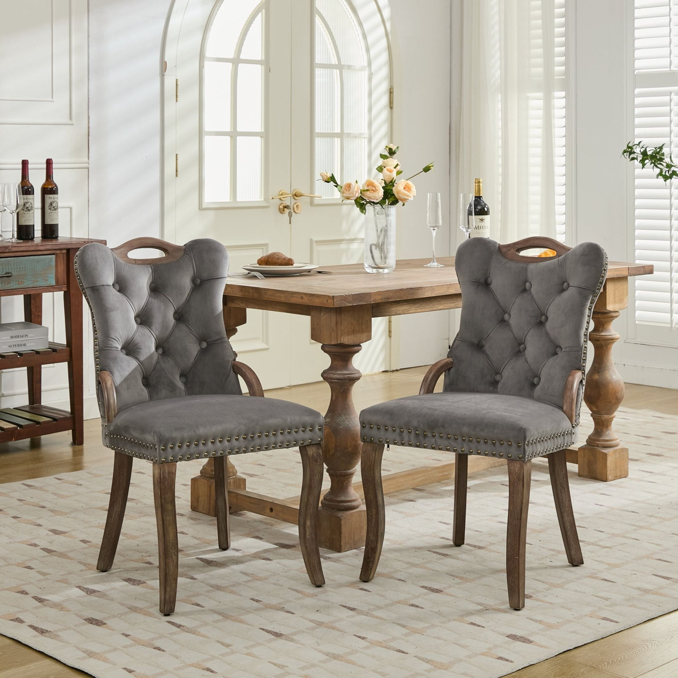 Noble House Set of 2 Dining Chairs with Tufted Velvet Upholstery, Copper Nailhead Trim, Gray