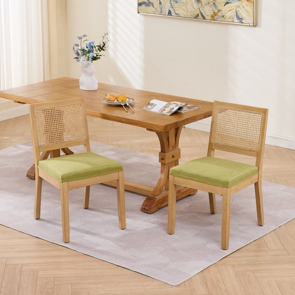 Noble House Set of 2 Farmhouse Dining Chairs with Cane Back, Rubberwood Frame, Olive Green