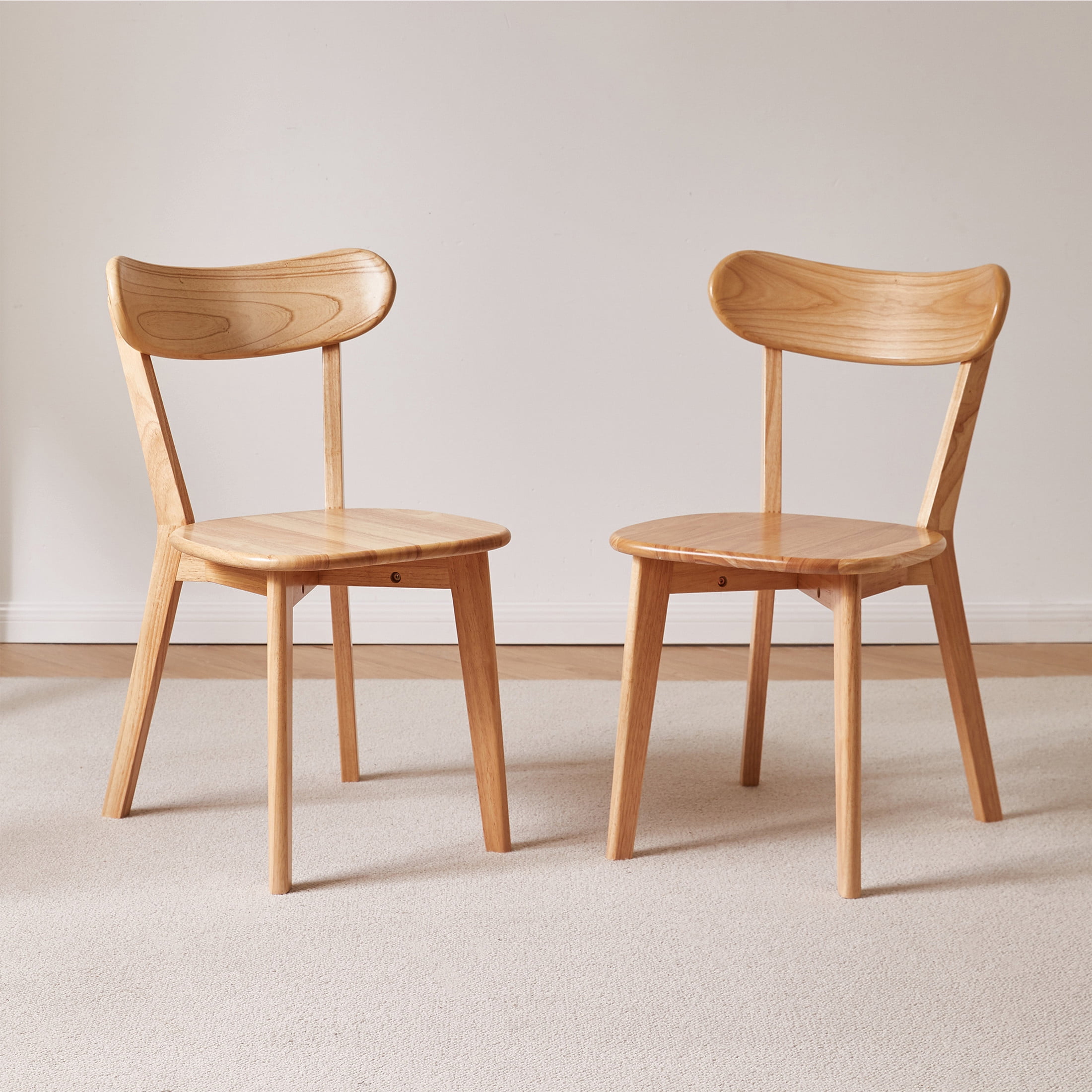 Noble House Set of 2 Solid Rubberwood Dining Chairs, Curved Backrest, Natural