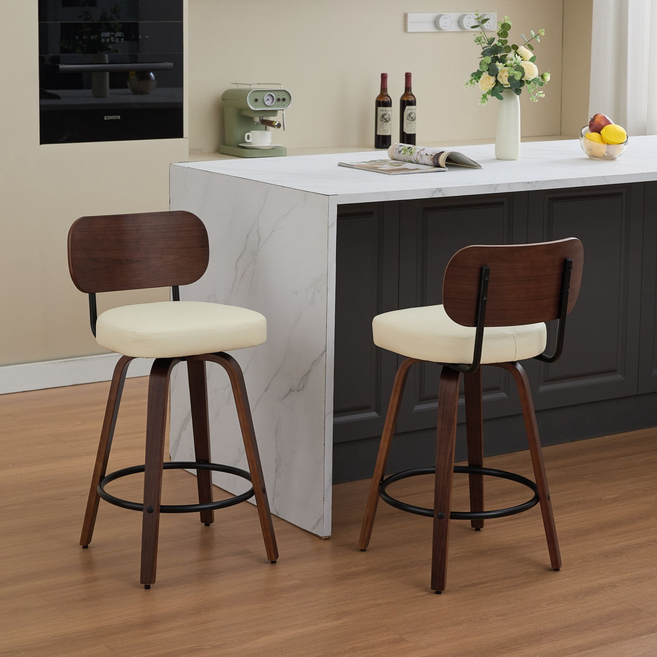 Noble House Set of 2 Swivel Bar Stools, Faux Leather Seat, Bentwood Frame, Walnut + Beige