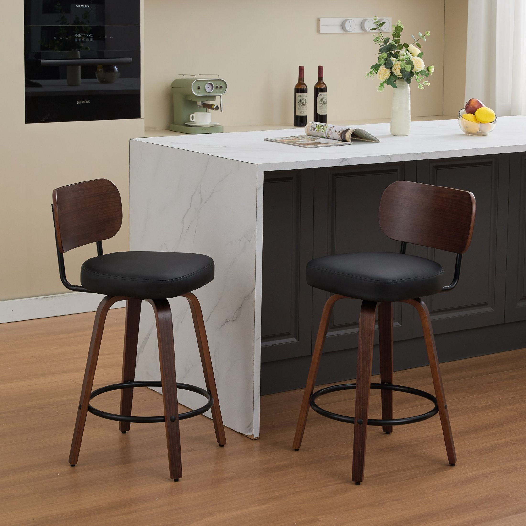 Noble House Set of 2 Swivel Bar Stools, Faux Leather Seat, Bentwood Frame, Walnut + Black