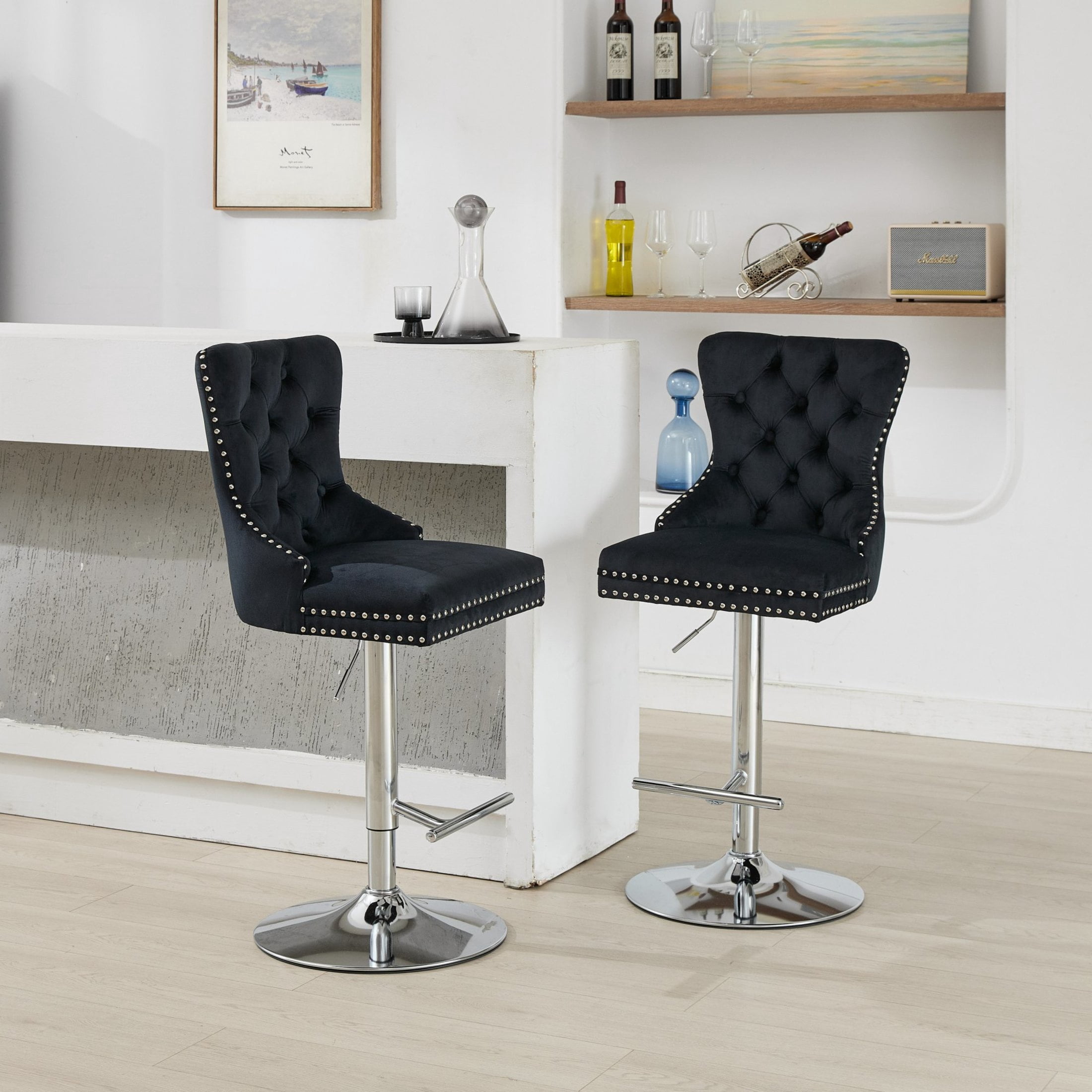 Noble House Set of 2 Swivel Barstools, Adjustable 27-35" Height, Tufted Velvet Upholstery, Black