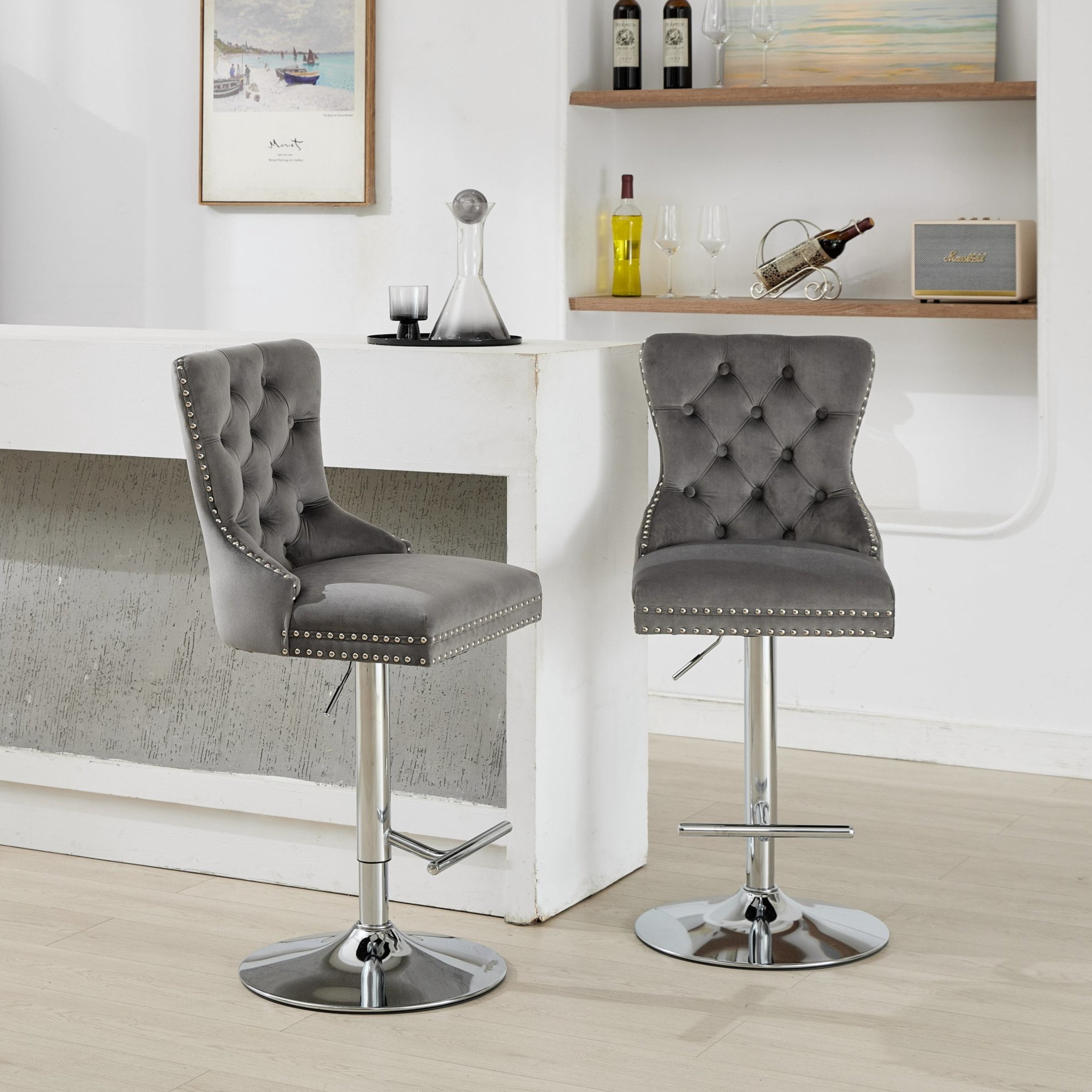 Noble House Set of 2 Swivel Barstools, Adjustable 27-35" Height, Tufted Velvet Upholstery, Gray
