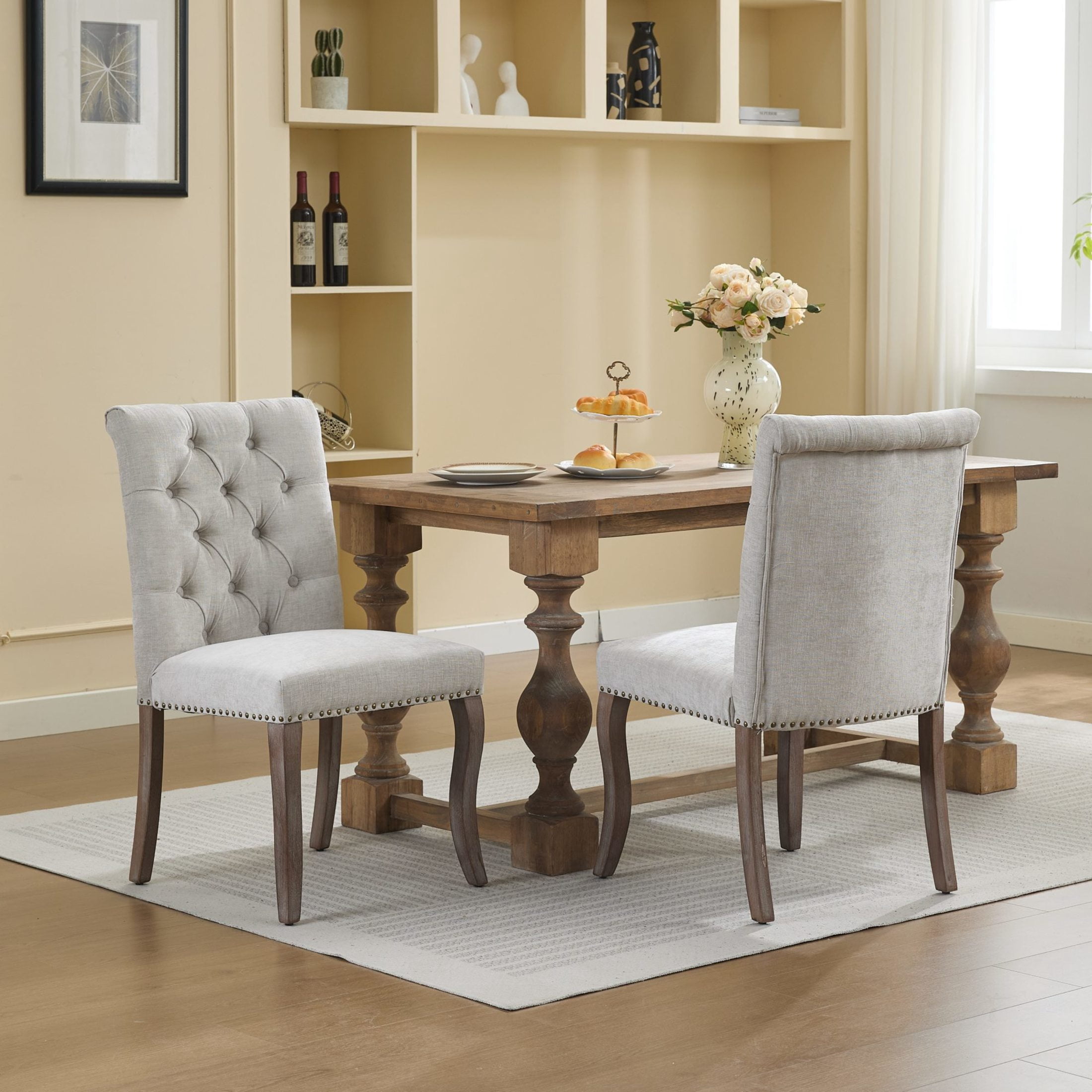 Noble House Set of 2 Tufted Chenille Upholstered Dining Chairs, Curved Solid Wood Legs, Beige