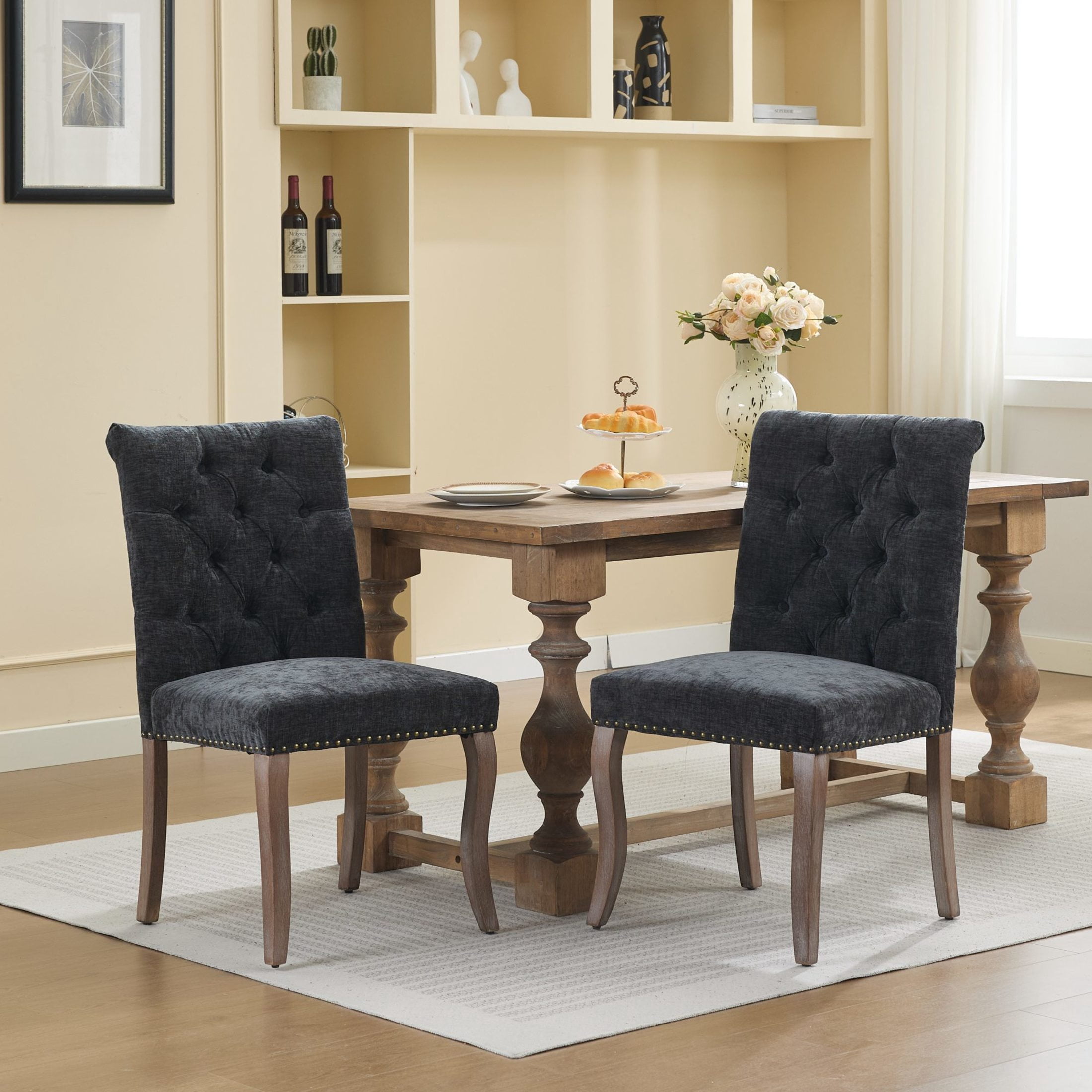 Noble House Set of 2 Tufted Chenille Upholstered Dining Chairs, Curved Solid Wood Legs, Black