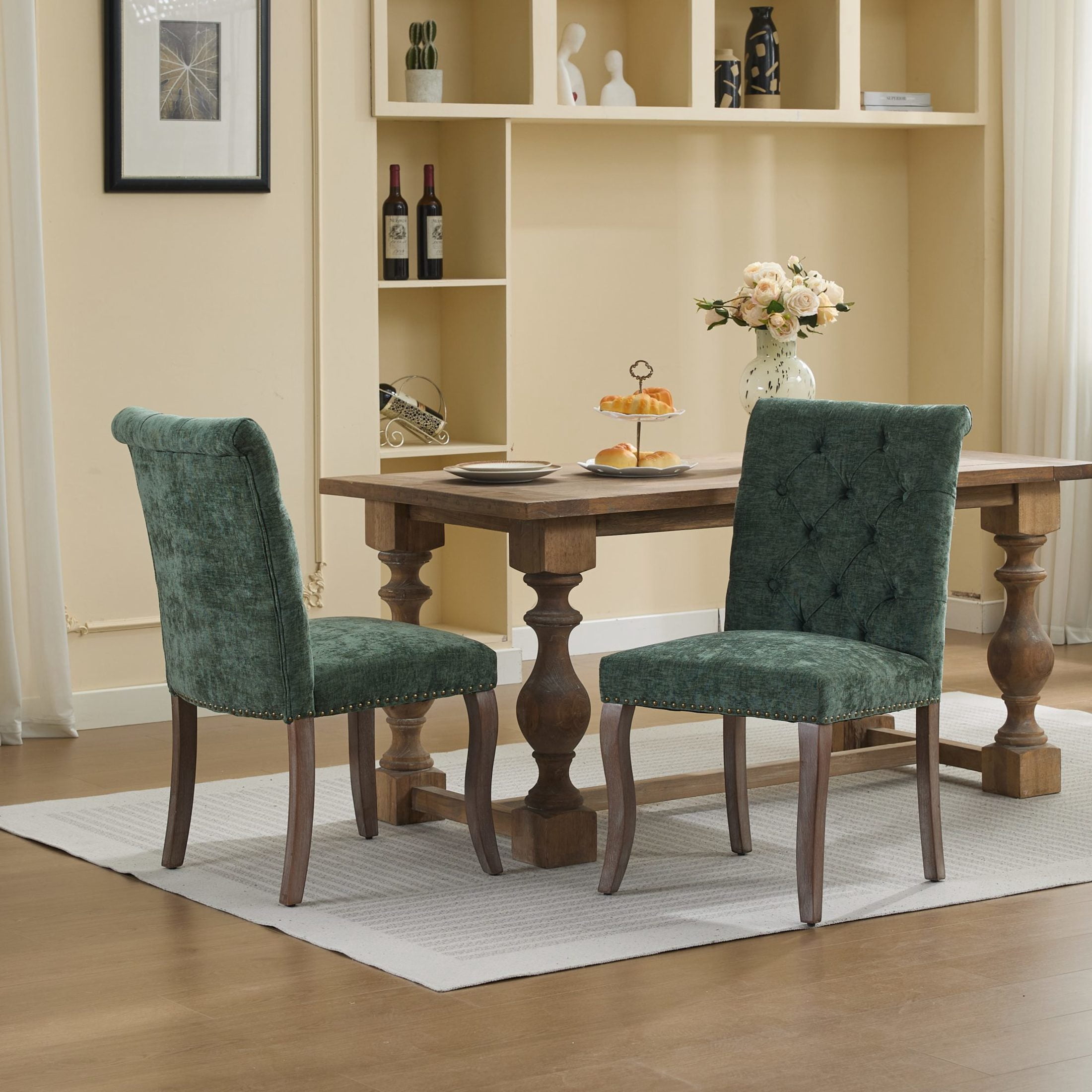Noble House Set of 2 Tufted Chenille Upholstered Dining Chairs, Curved Solid Wood Legs, Olive Green