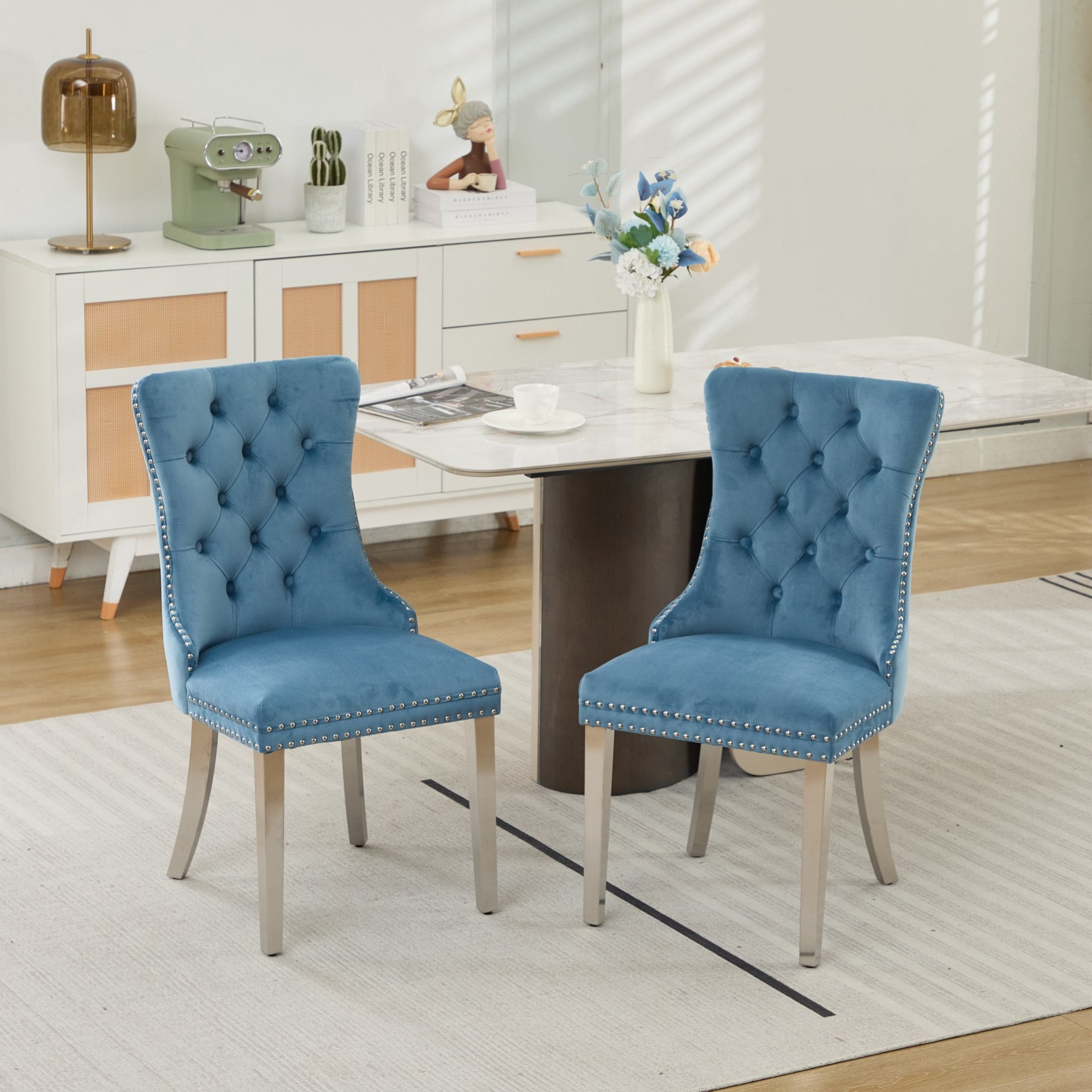 Noble House Set of 2 Upholstered Velvet Dining Chairs, Tufted Back, Chrome Legs, Light Blue