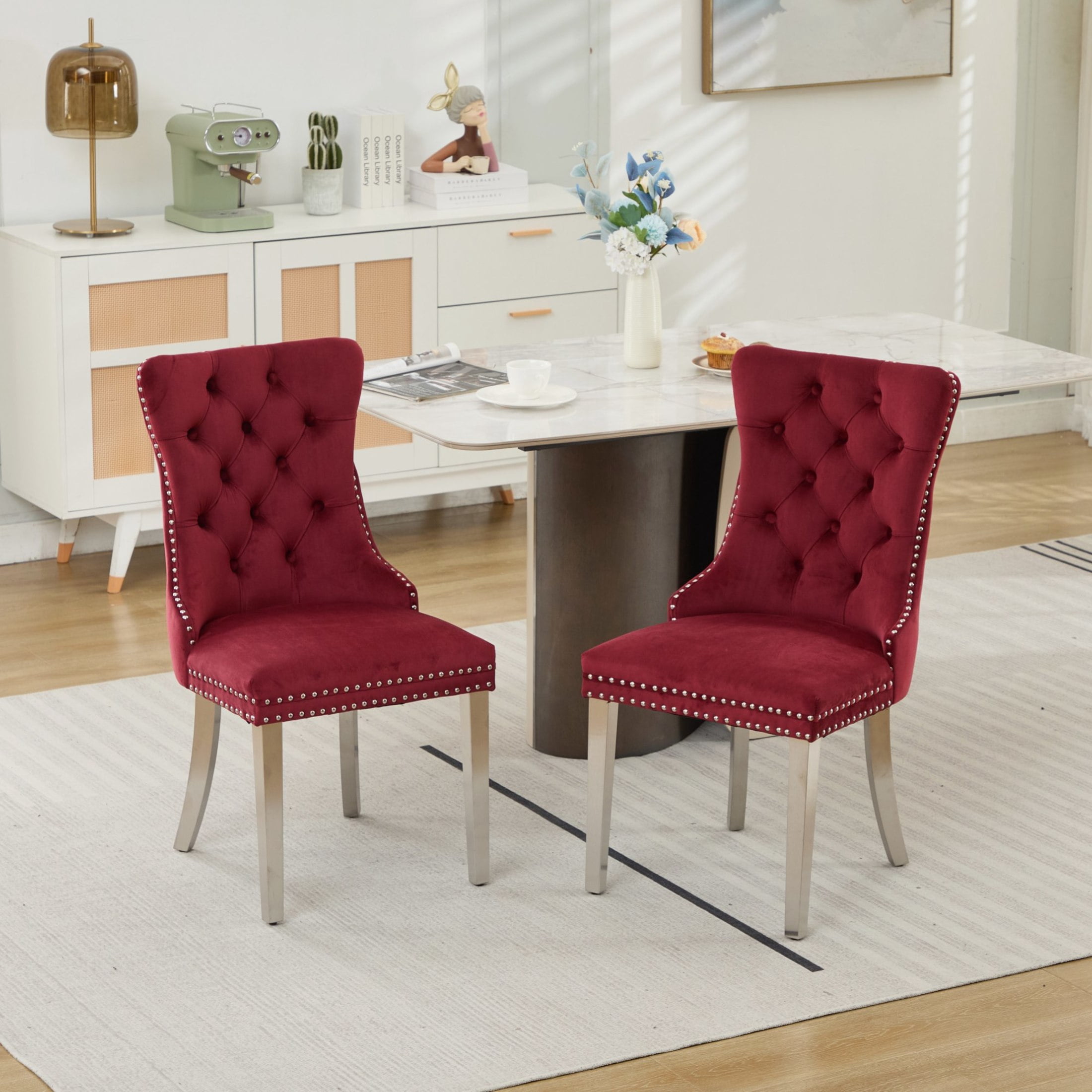 Noble House Set of 2 Upholstered Velvet Dining Chairs, Tufted Back, Chrome Legs, Wine Red