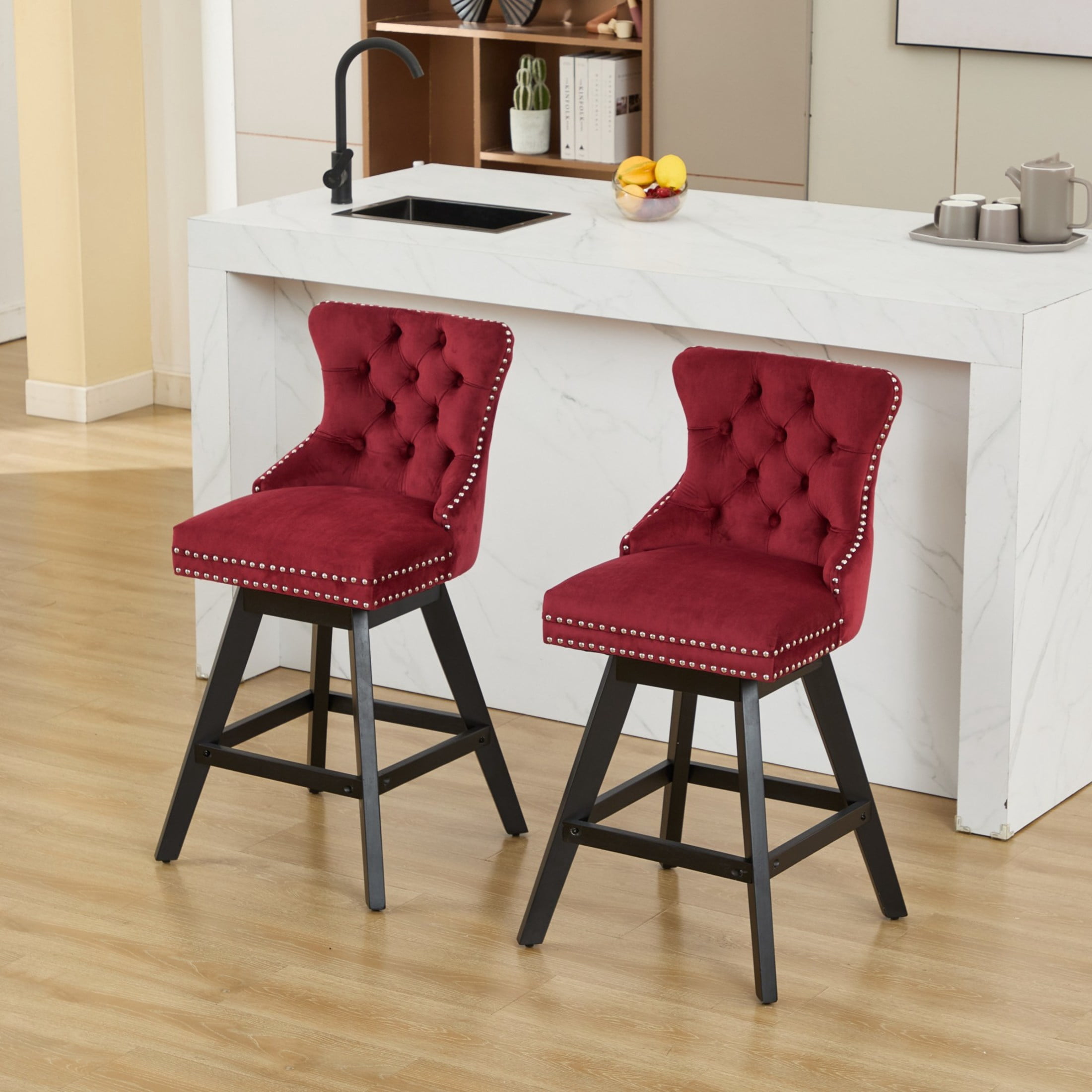 Noble House Set of 2 Velvet Bar Stools, Button Tufted Swivel Bar Chairs, Wine Red
