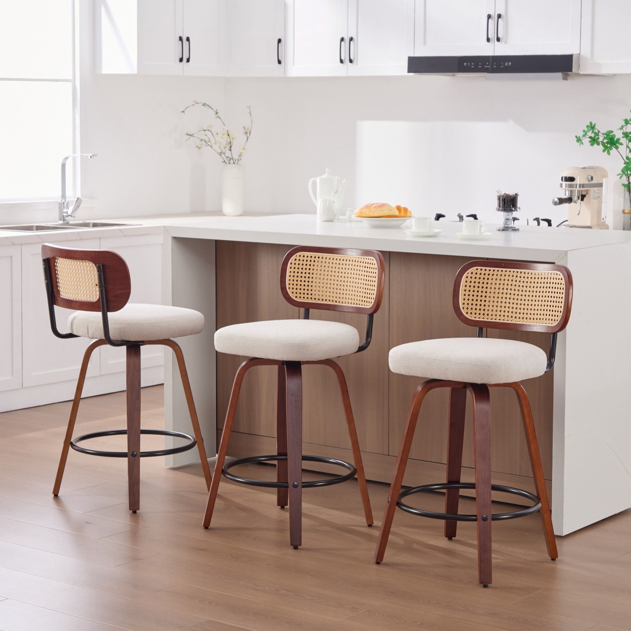 Noble House Set of 3 Counter Height Bar Stools, Cane Back, Linen Upholstered Seat, Walnut + Beige