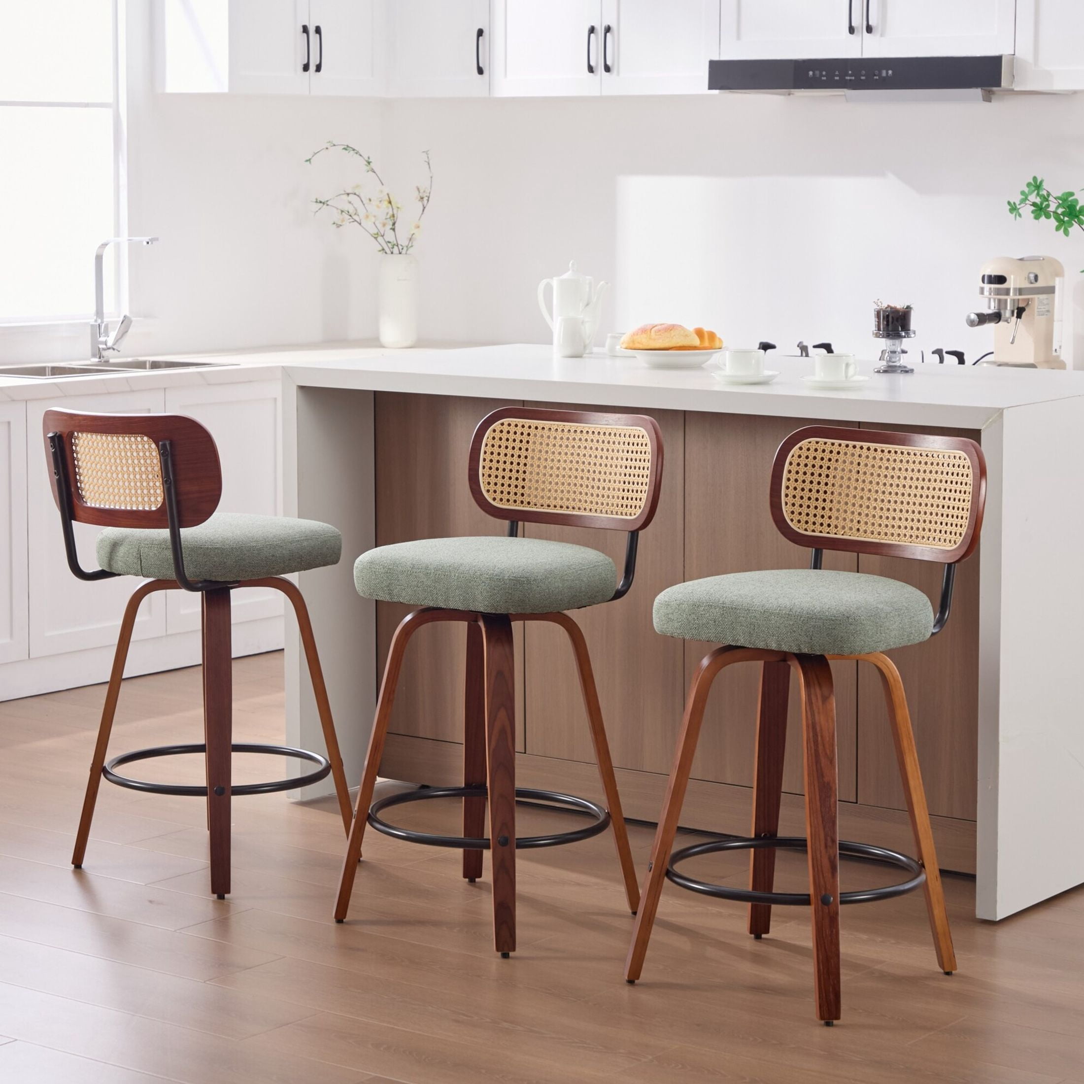 Noble House Set of 3 Counter Height Bar Stools, Cane Back, Linen Upholstered Seat, Walnut+Light Green