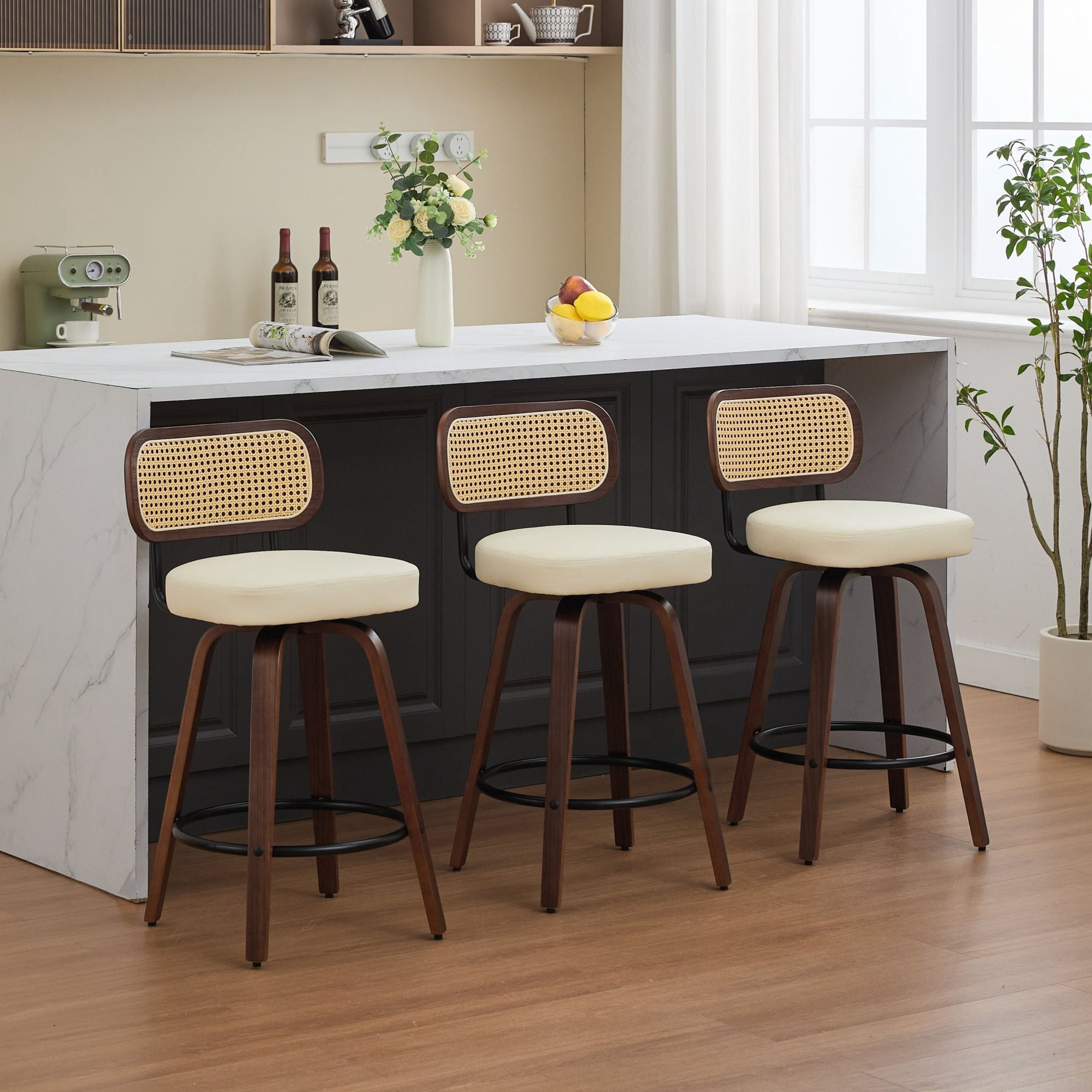 Noble House Set of 3 Counter Height Bar Stools, Cane Back, PU Seat, Walnut + Beige