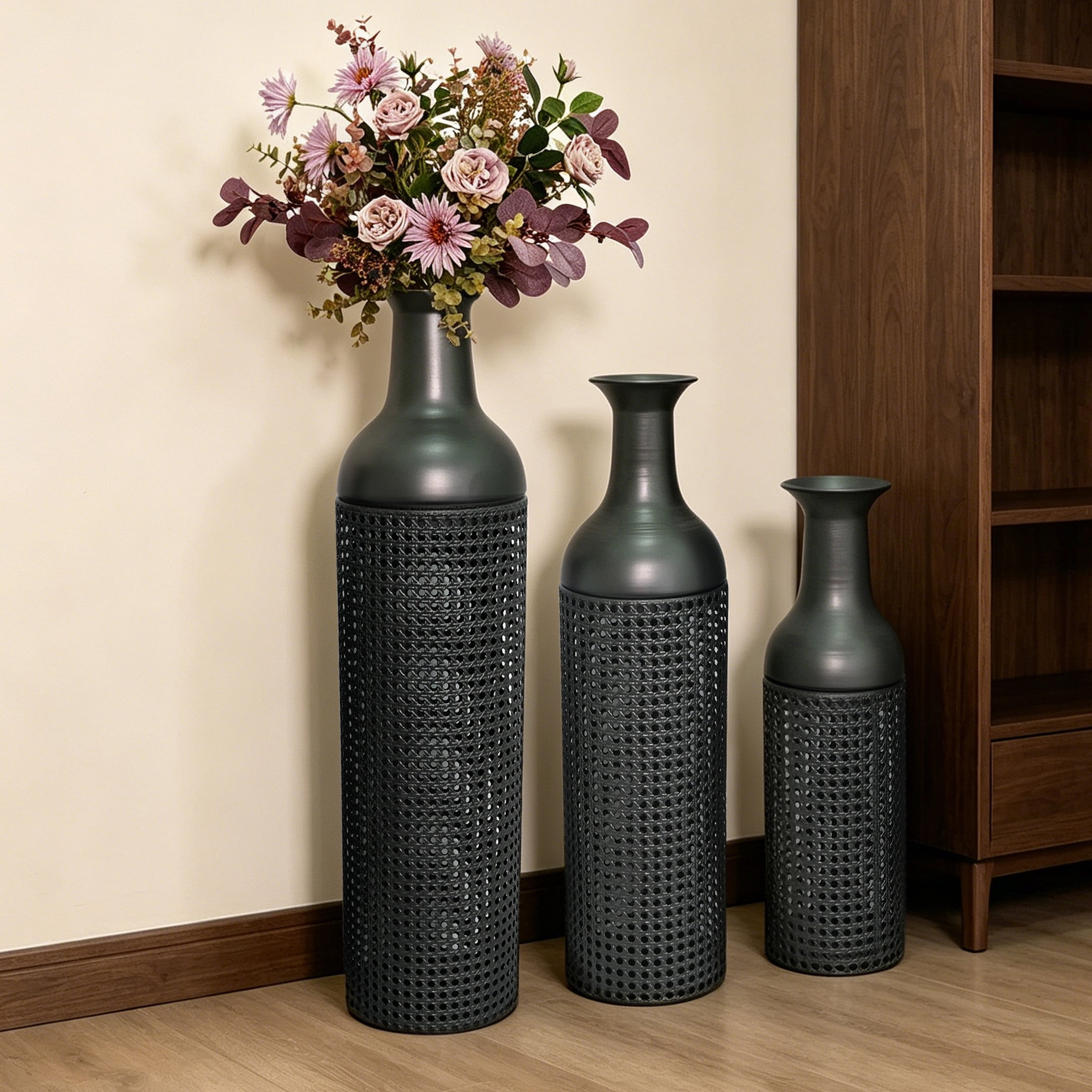 Noble House Set of 3 Decorative Metal Floor Vases, Cane Pattern Tall Vases, Black