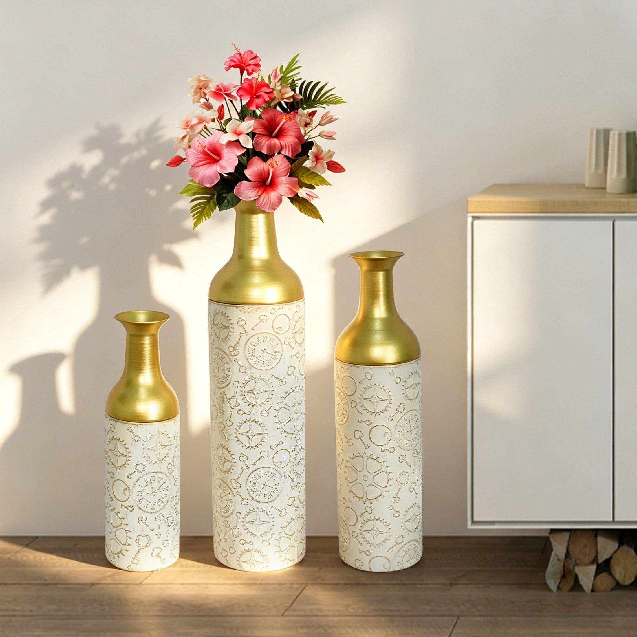 Noble House Set of 3 Decorative Metal Floor Vases, Clockwork Pattern Tall Vases, Antique White+Gold