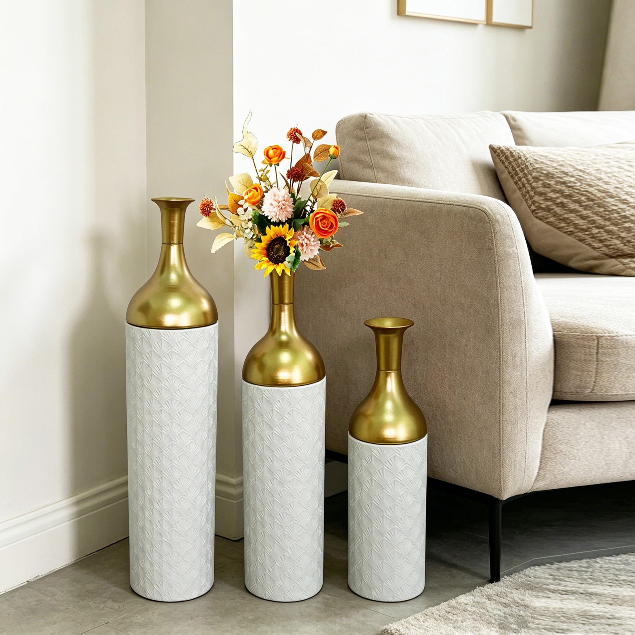 Noble House Set of 3 Decorative Metal Floor Vases, Fan Pattern Tall Vases, White+Gold
