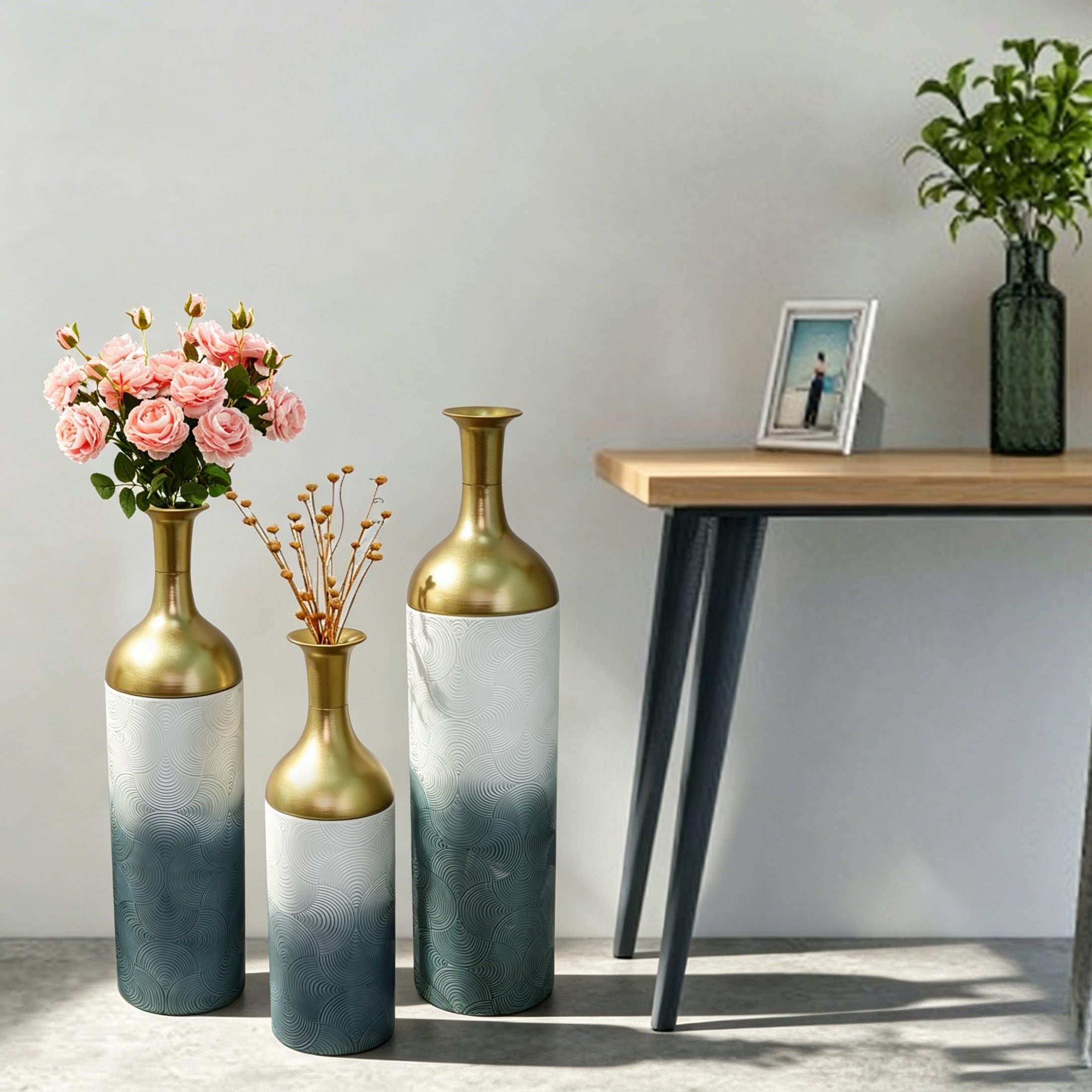 Noble House Set of 3 Decorative Metal Floor Vases, Ombre Swirl Pattern Tall Vases, Antique Gray+White