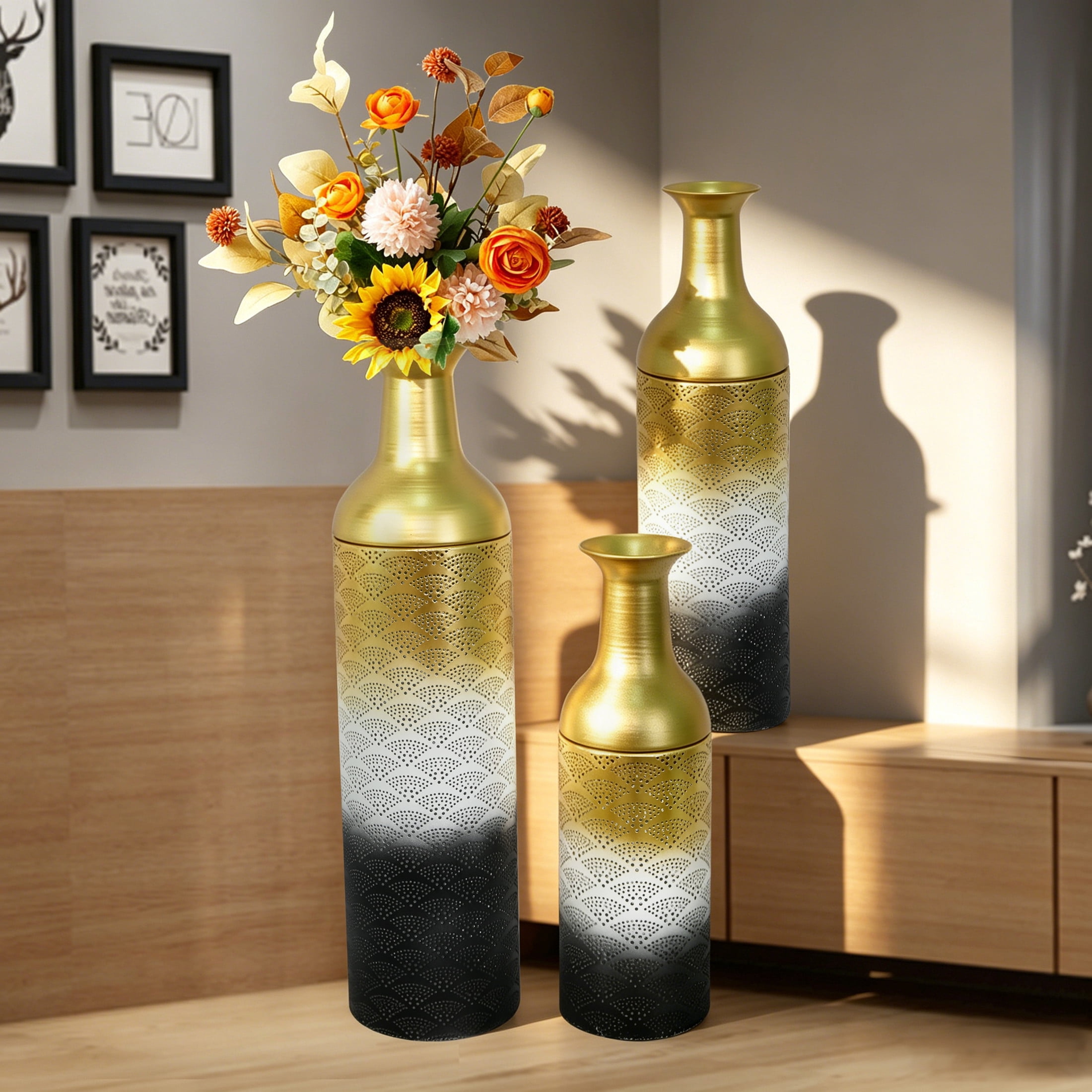 Noble House Set of 3 Decorative Metal Floor Vases, Scallop Pattern Tall Vases, White Gold+Black