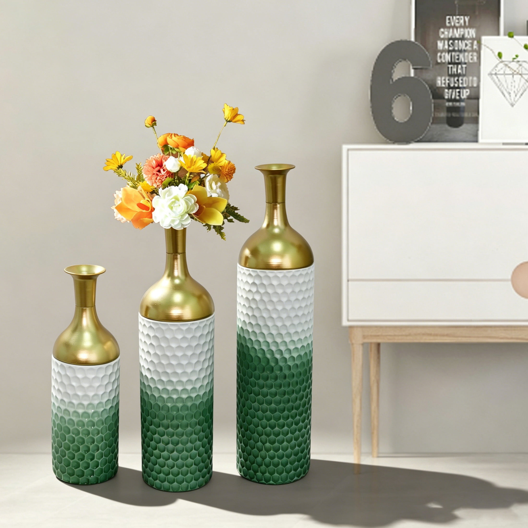 Noble House Set of 3 Decorative Metal Floor Vases, Tall Honeycomb Textured Vases for Home Decor, White+Green
