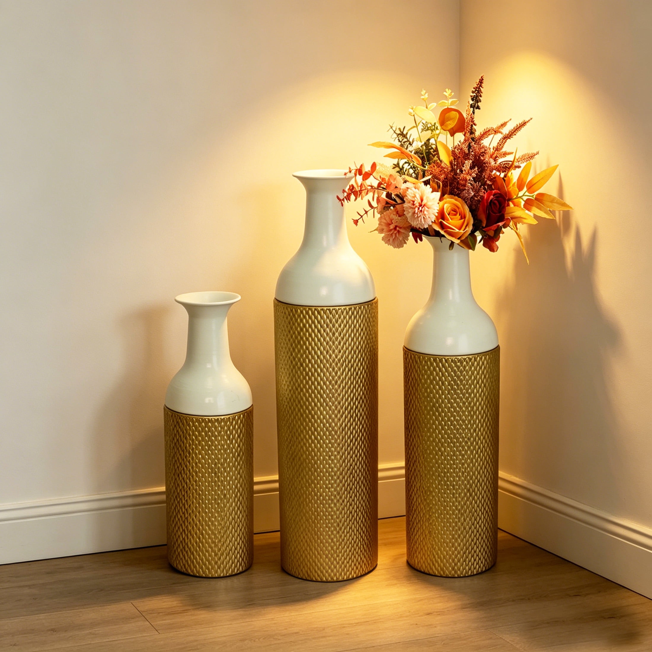 Noble House Set of 3 Decorative Metal Floor Vases, Tall Textured Vases for Home Decor, White+Gold