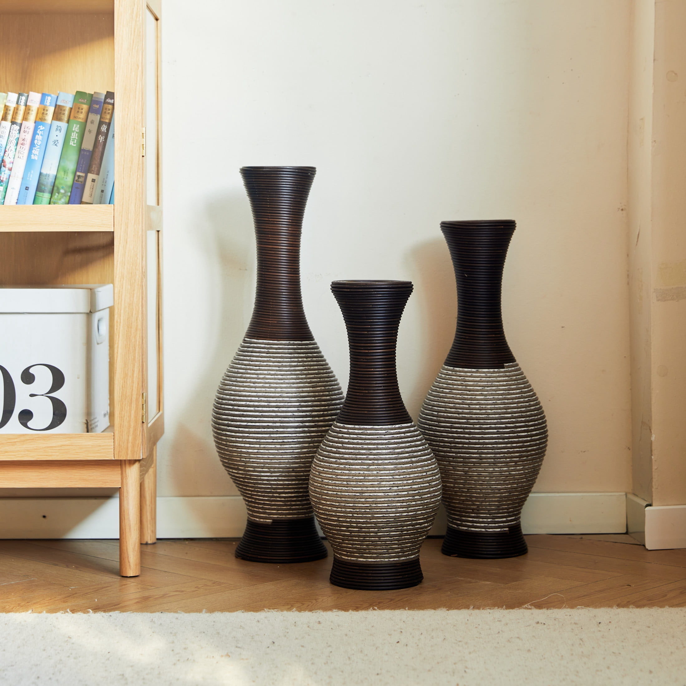 Noble House Set of 3 PVC Floor Vases, Decorative Vases with Textured Design, Brown + White