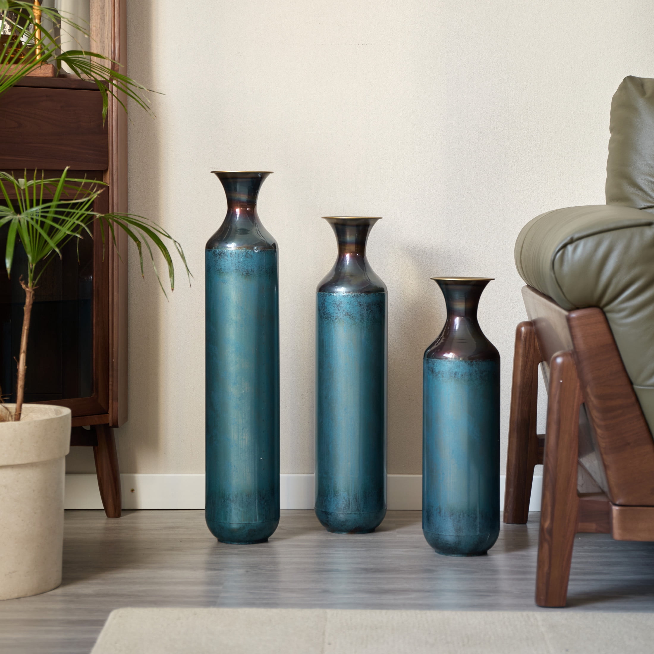 Noble House Set of 3 Torch-Fired Metal Floor Vases, 28.34", 24.4", 20.4" Tall, Aqua Blue