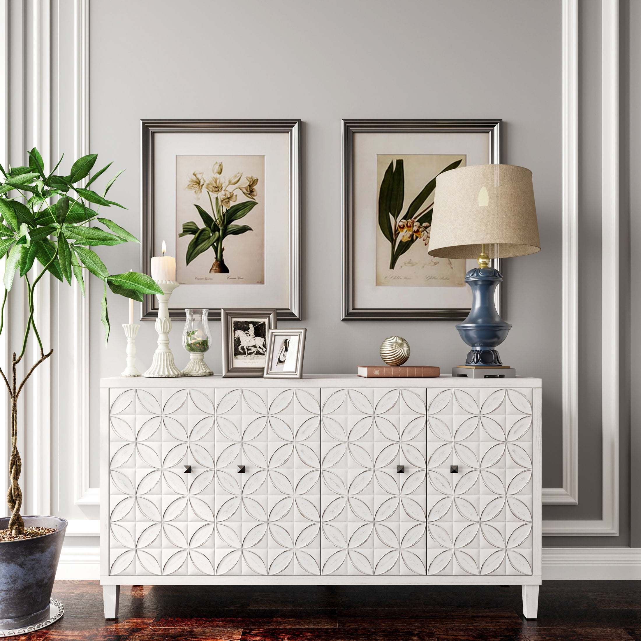 Noble House Shabby Chic Accent Cabinet, 4 Doors with Adjustable Shelves, for Living Room, Dining Room, White Washed
