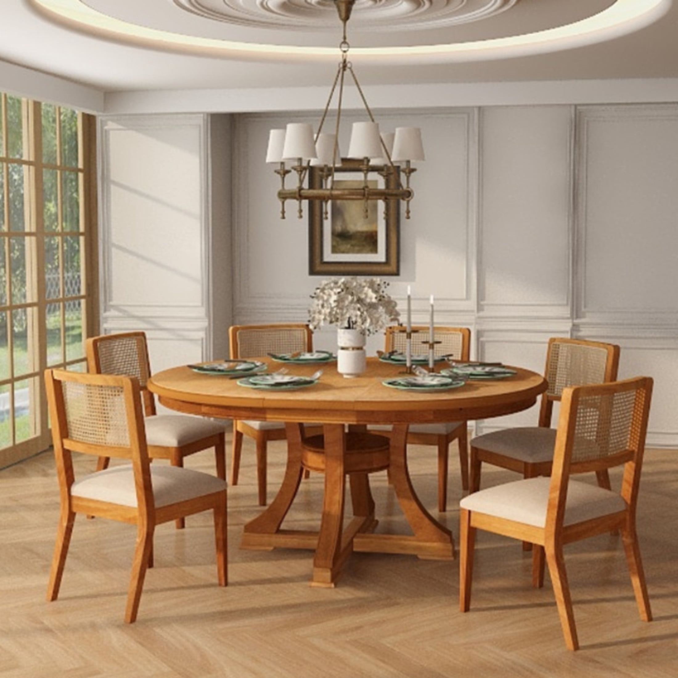 Noble House Sheila 5-Piece Retro Round Dining Set, Extendable Table with 4 Rattan-Back Upholstered Chairs, Natural