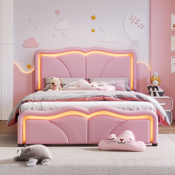 Noble House Sheila Full Upholstered Platform Bed, Curve Shaped Height-Adjustable LED Headboard, PU Leather, Pink