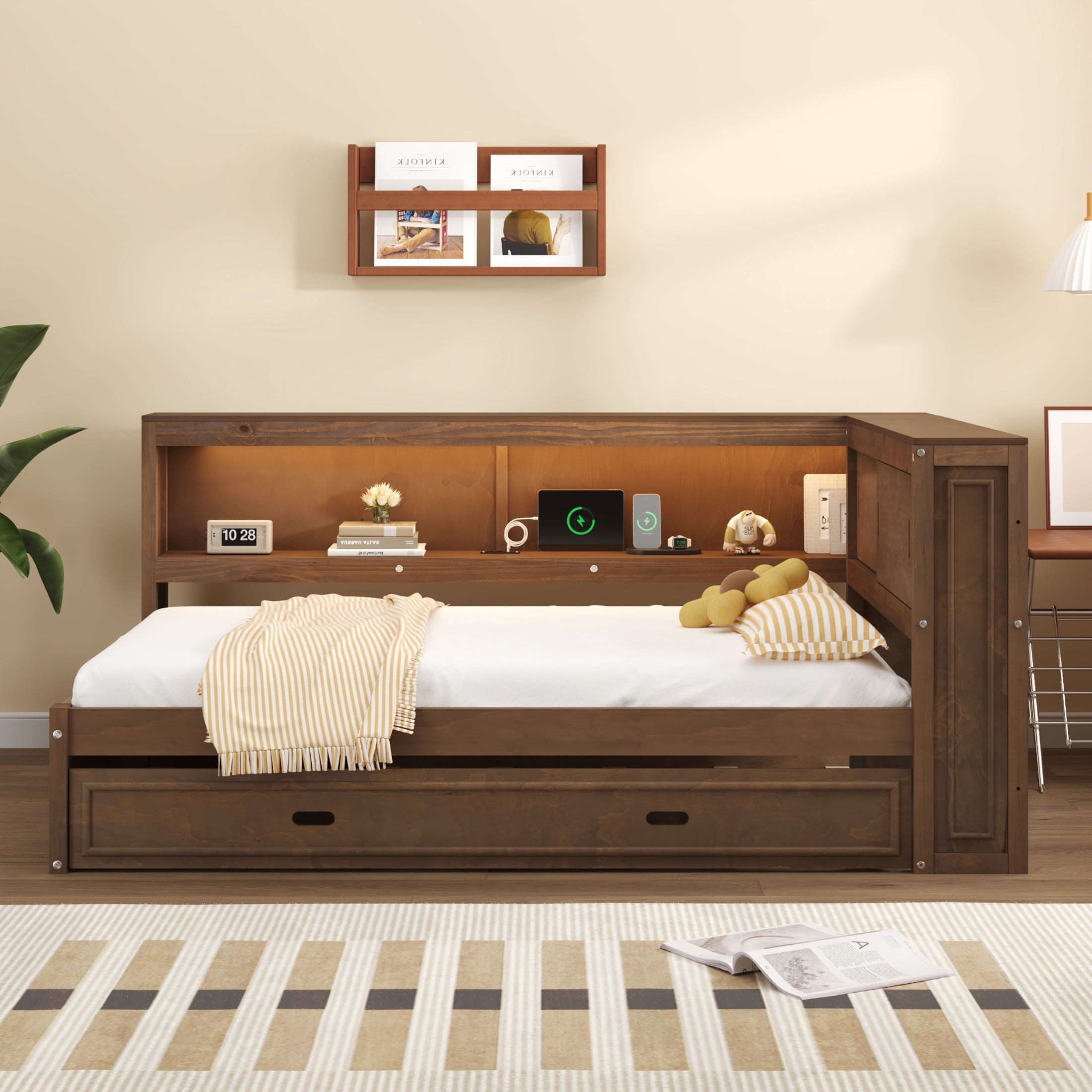 Noble House Sheila Full Wood Daybed with Trundle and LED Lighting, Storage Shelves, USB Charging Port, Antique Wood