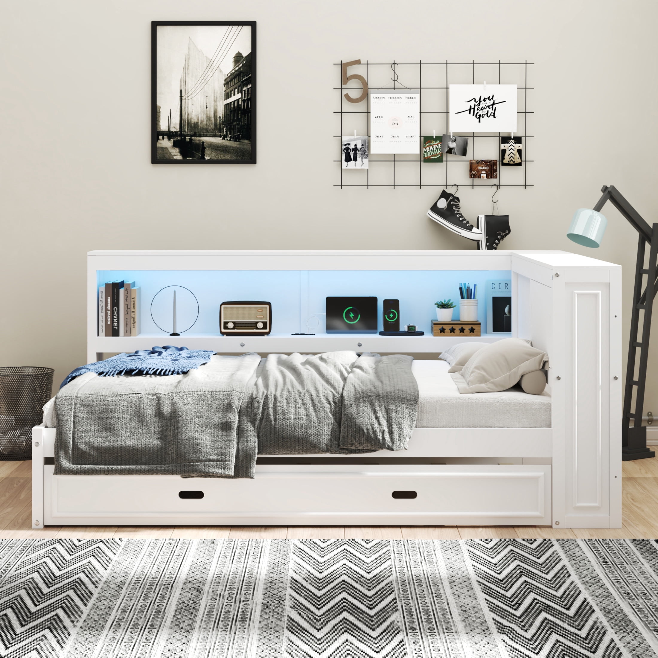 Noble House Sheila Full Wood Daybed with Trundle and LED Lighting, Storage Shelves, USB Charging Port, White