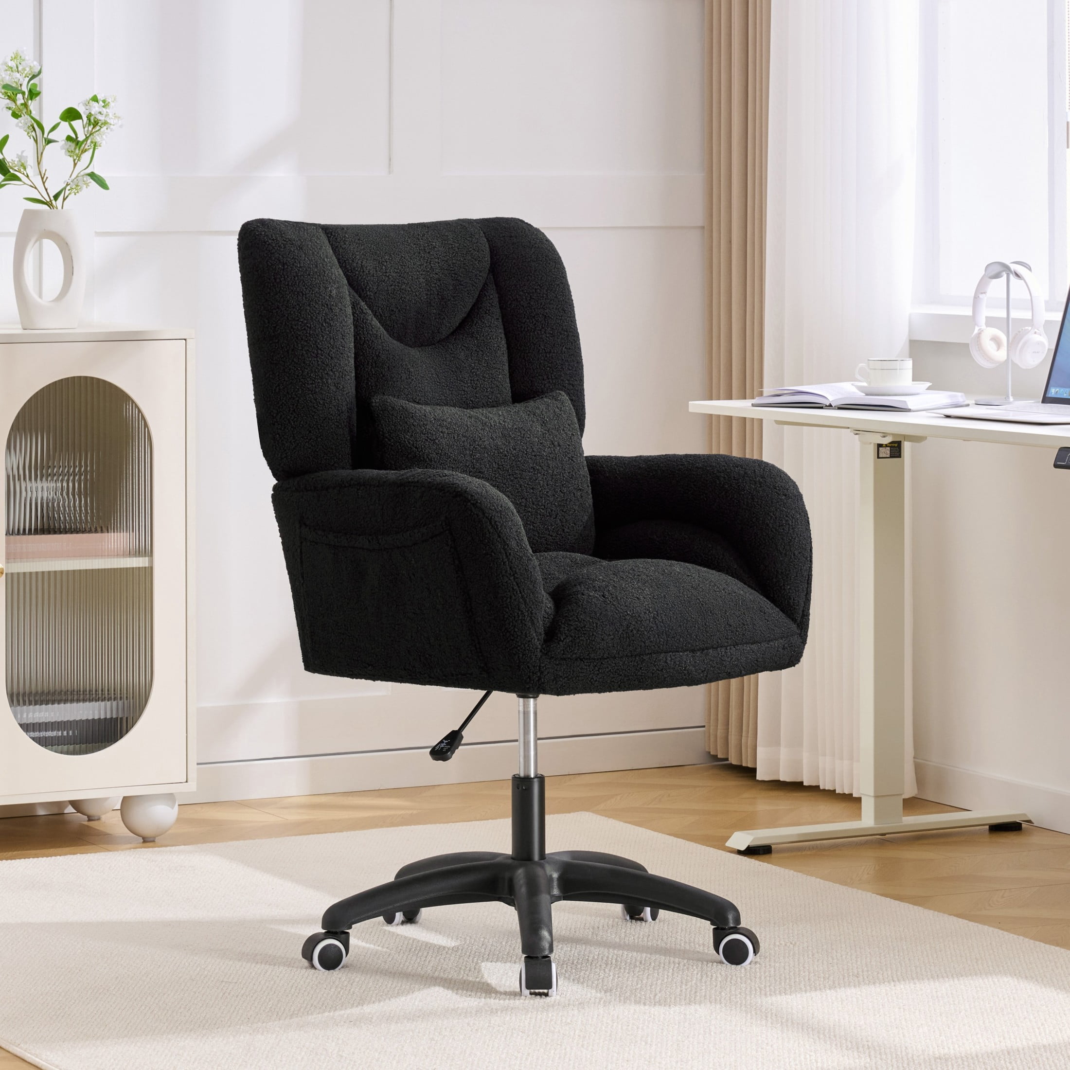 Noble House Sheila Teddy Fabric Swivel Office Chair, High Back Desk Chair with Lumbar Pillow & Storage Pockets, Black