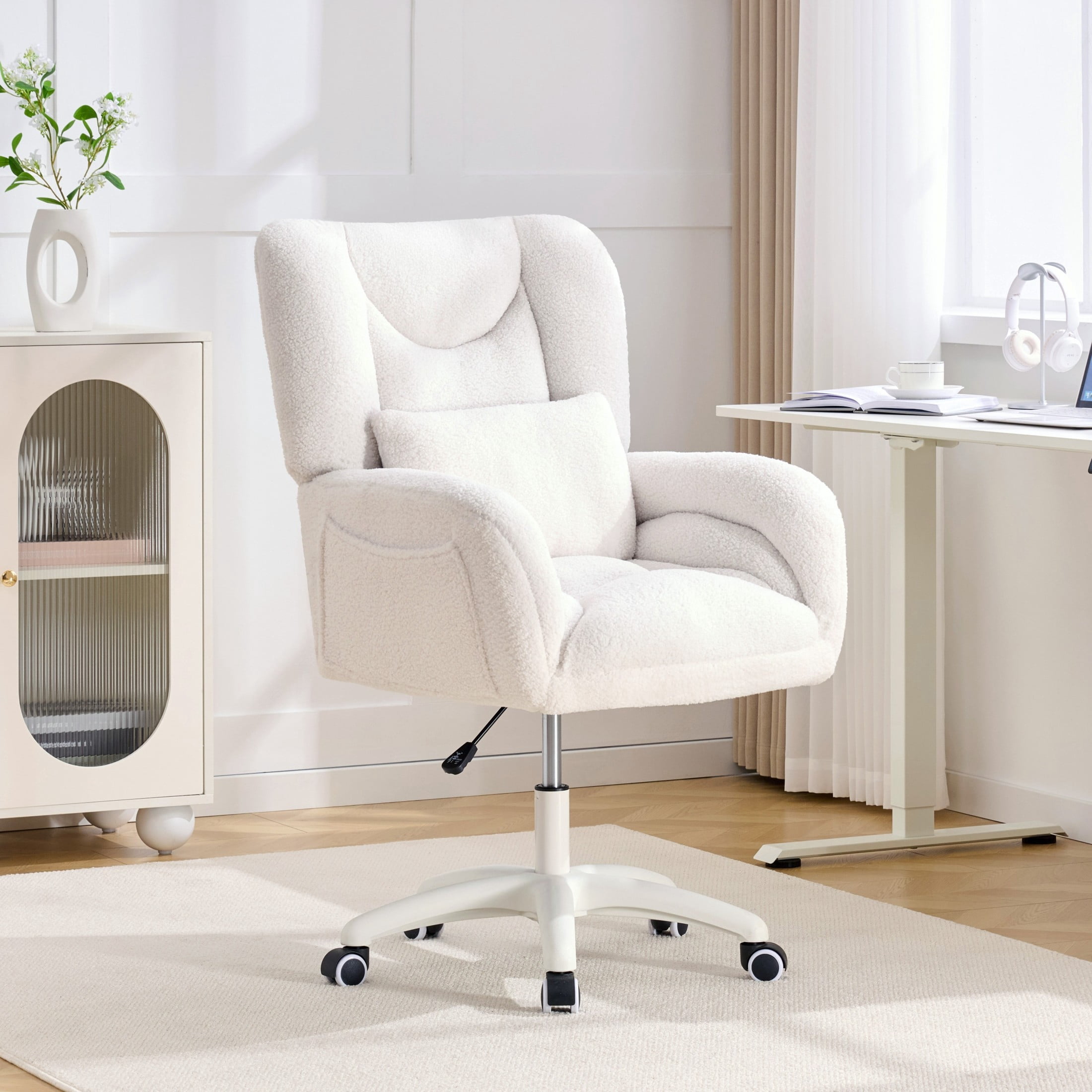 Noble House Sheila Teddy Fabric Swivel Office Chair, High Back Desk Chair with Lumbar Pillow & Storage Pockets, Ivory