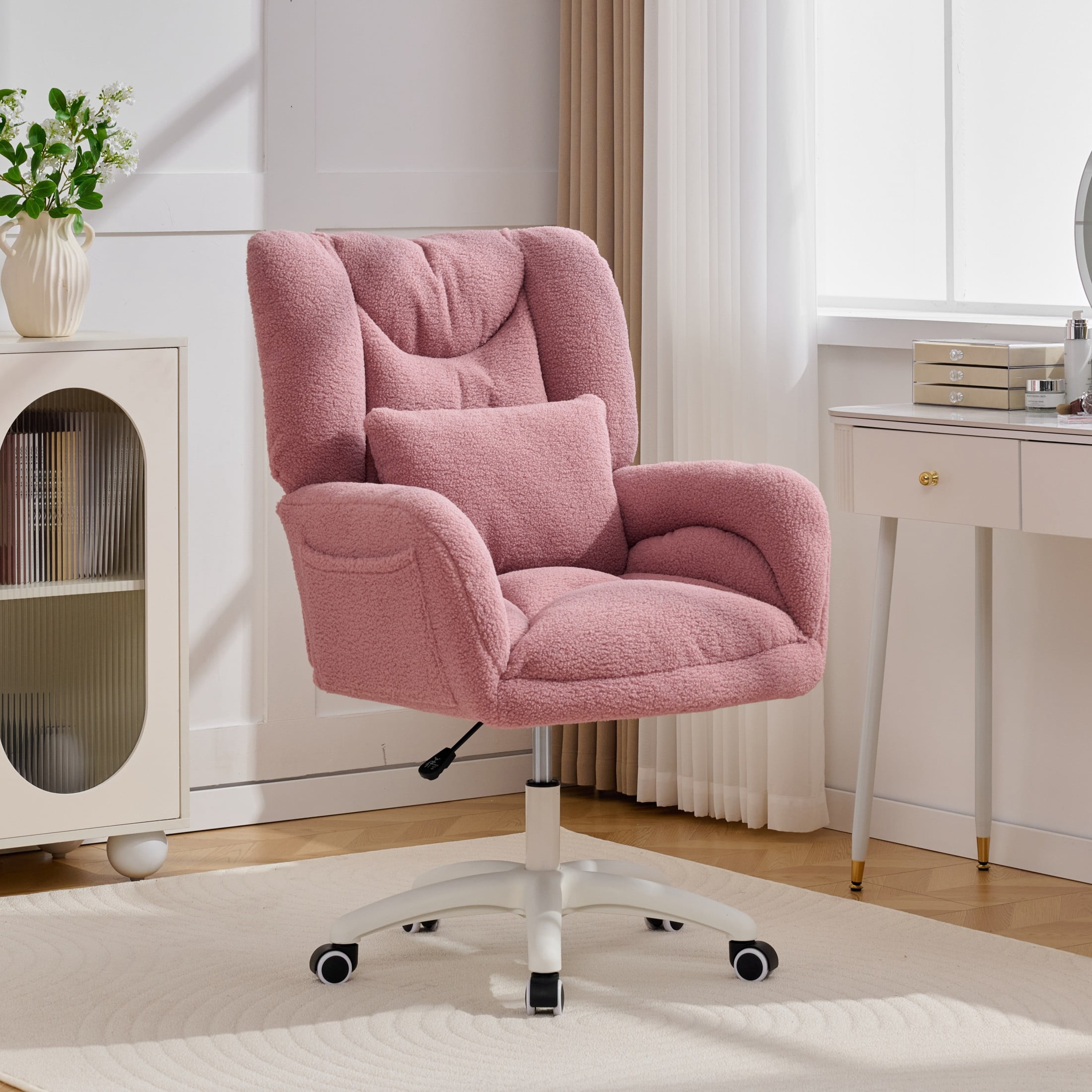 Noble House Sheila Teddy Fabric Swivel Office Chair, High Back Desk Chair with Lumbar Pillow & Storage Pockets, Pink
