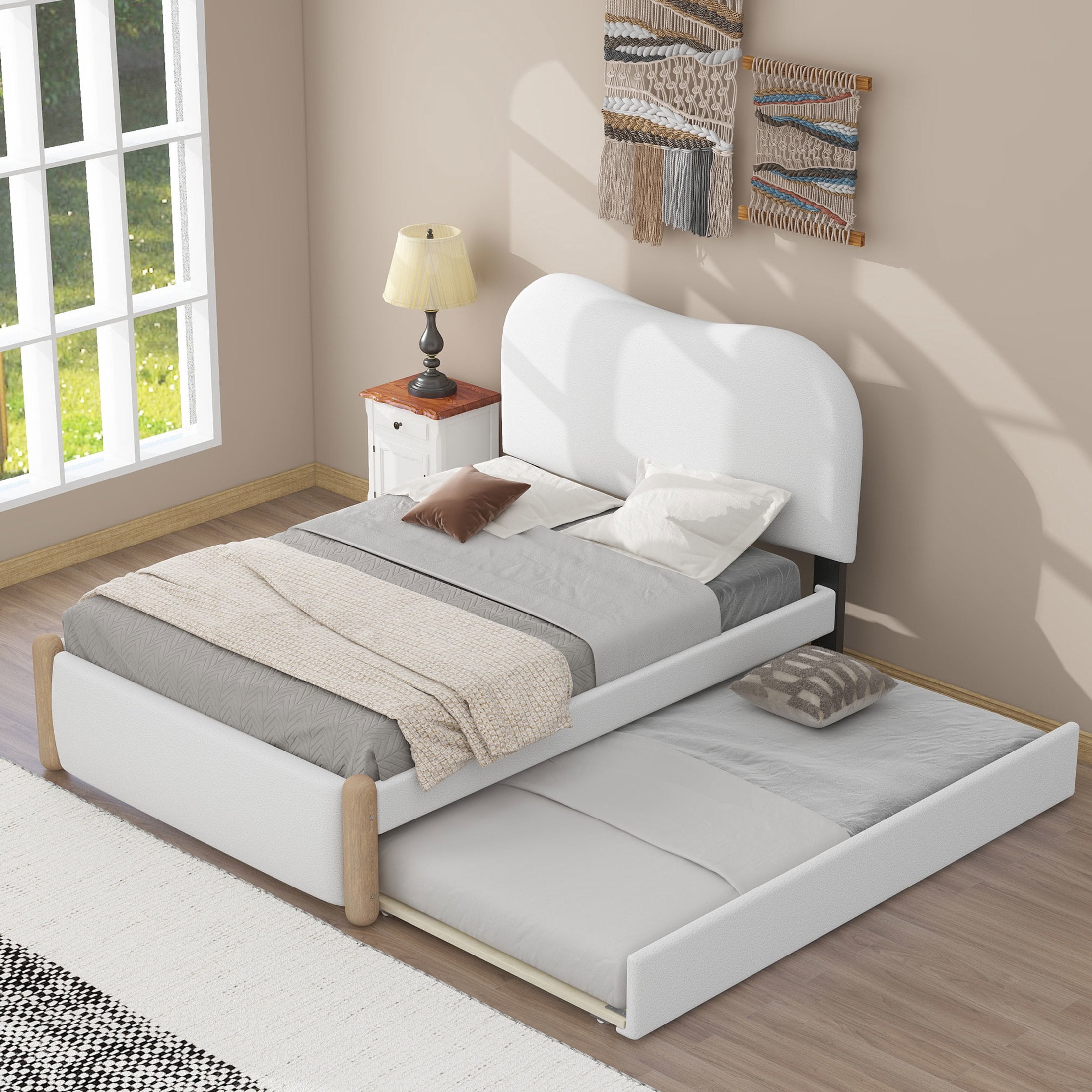 Noble House Sheila Twin Upholstered Platform Bed, Arc-Shaped Berber Fleece Frame with Twin Trundle, White