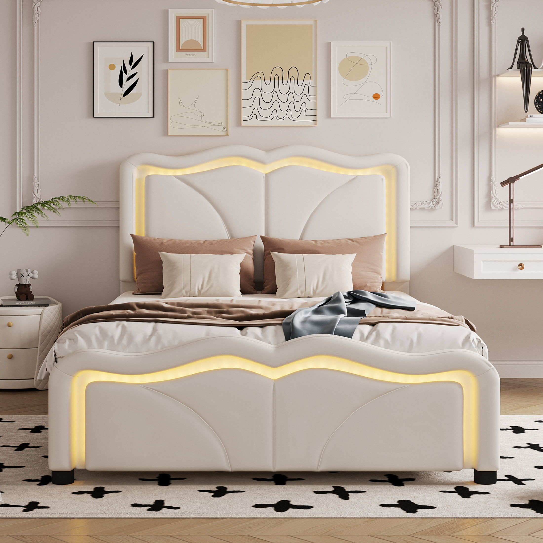 Noble House Sheila Twin Upholstered Platform Bed, Curve Shaped Height-Adjustable LED Headboard, PU Leather, White