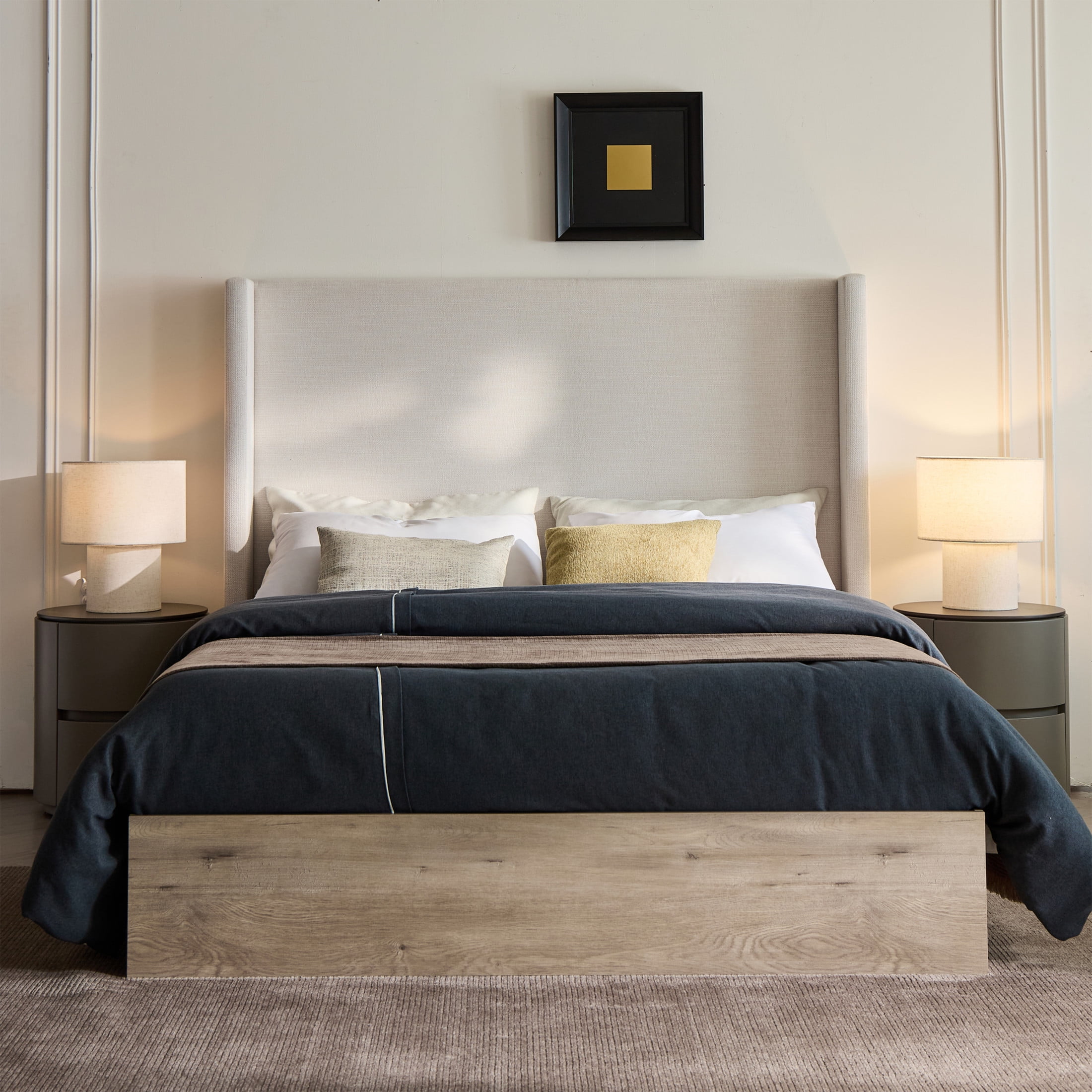 Noble House Shelton Queen Upholstered Wingback Bed, 54" High Headboard, Wood Base, Ivory