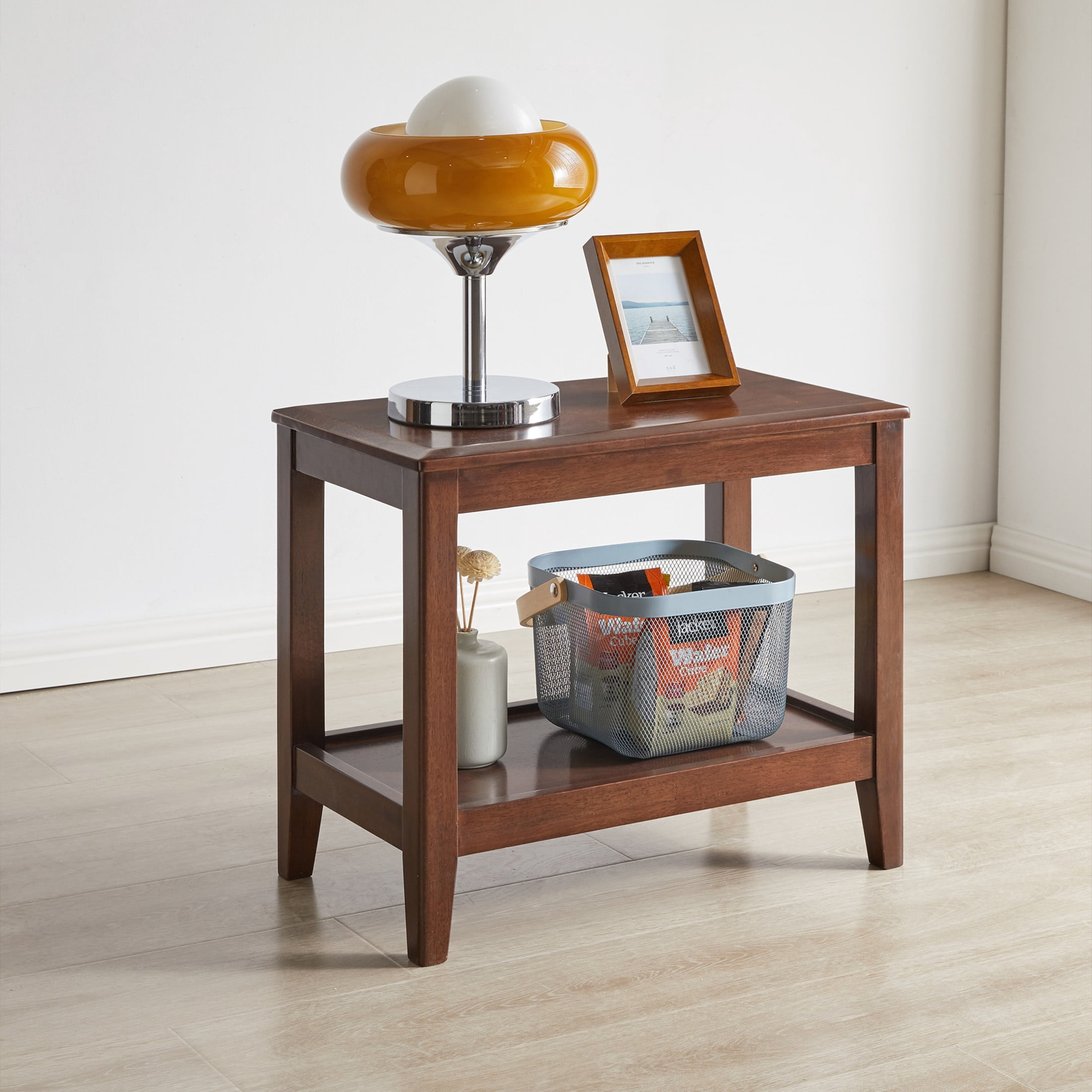 Noble House Side Table with 2-Tier Storage Shelf, Rustic End Table for Living Room, Bedroom, Walnut