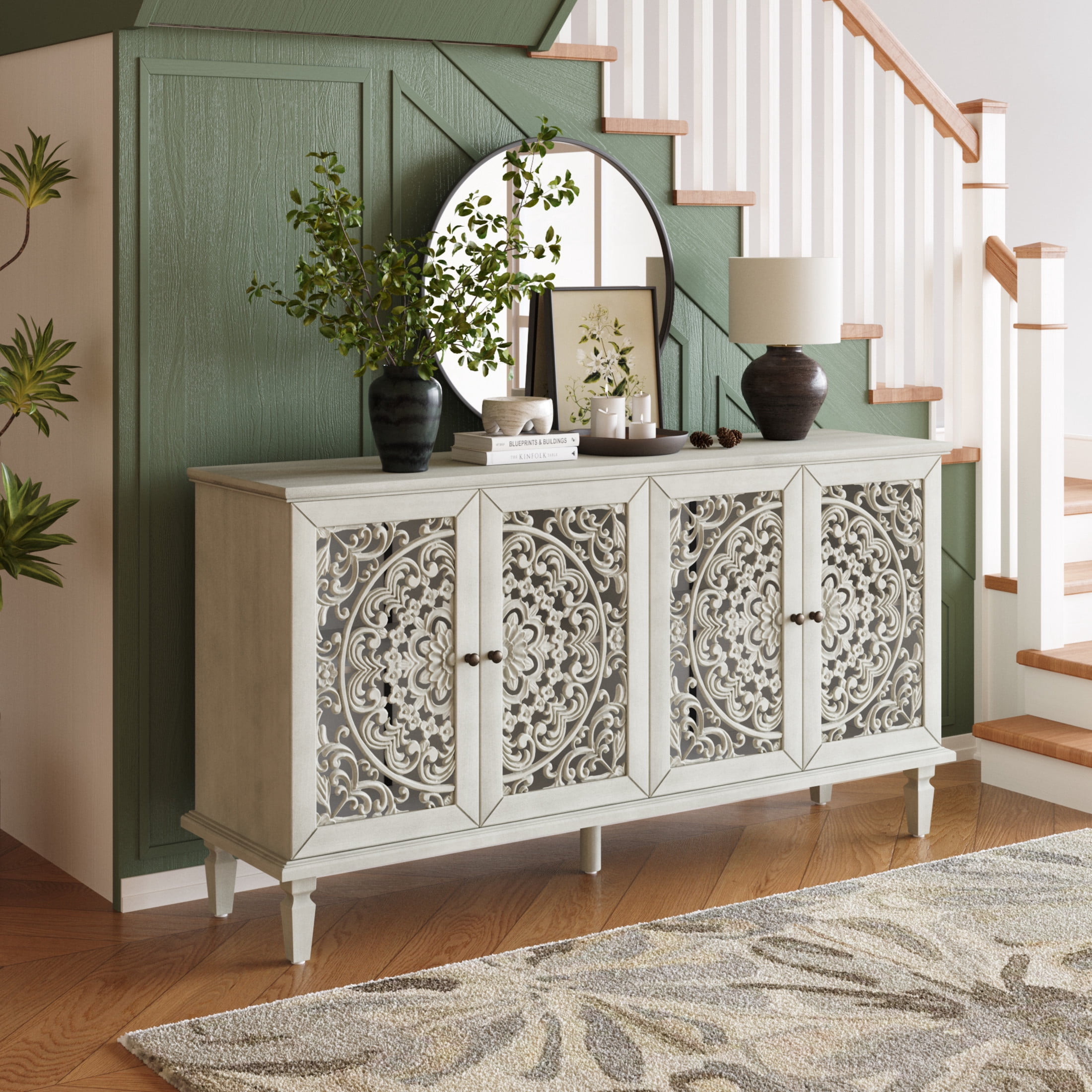 Noble House Sideboard Buffet Cabinet with Floral Carvings, Adjustable Shelves, Solid Wood Legs, and Brass Handles, Vintage Style Storage, Antique White