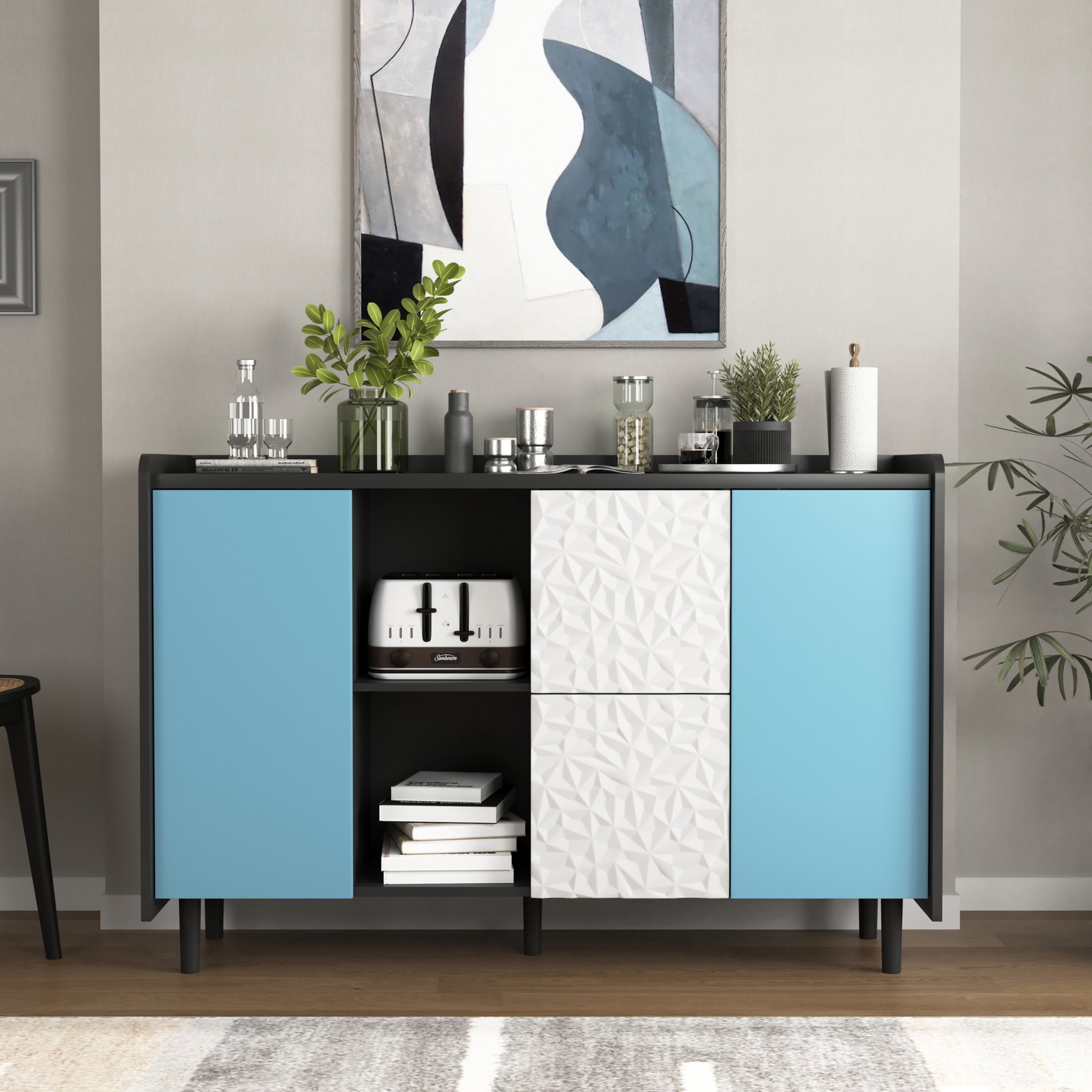 Noble House Sideboard Buffet Cabinet with 2 Drawers and Open Compartments, Black and Blue
