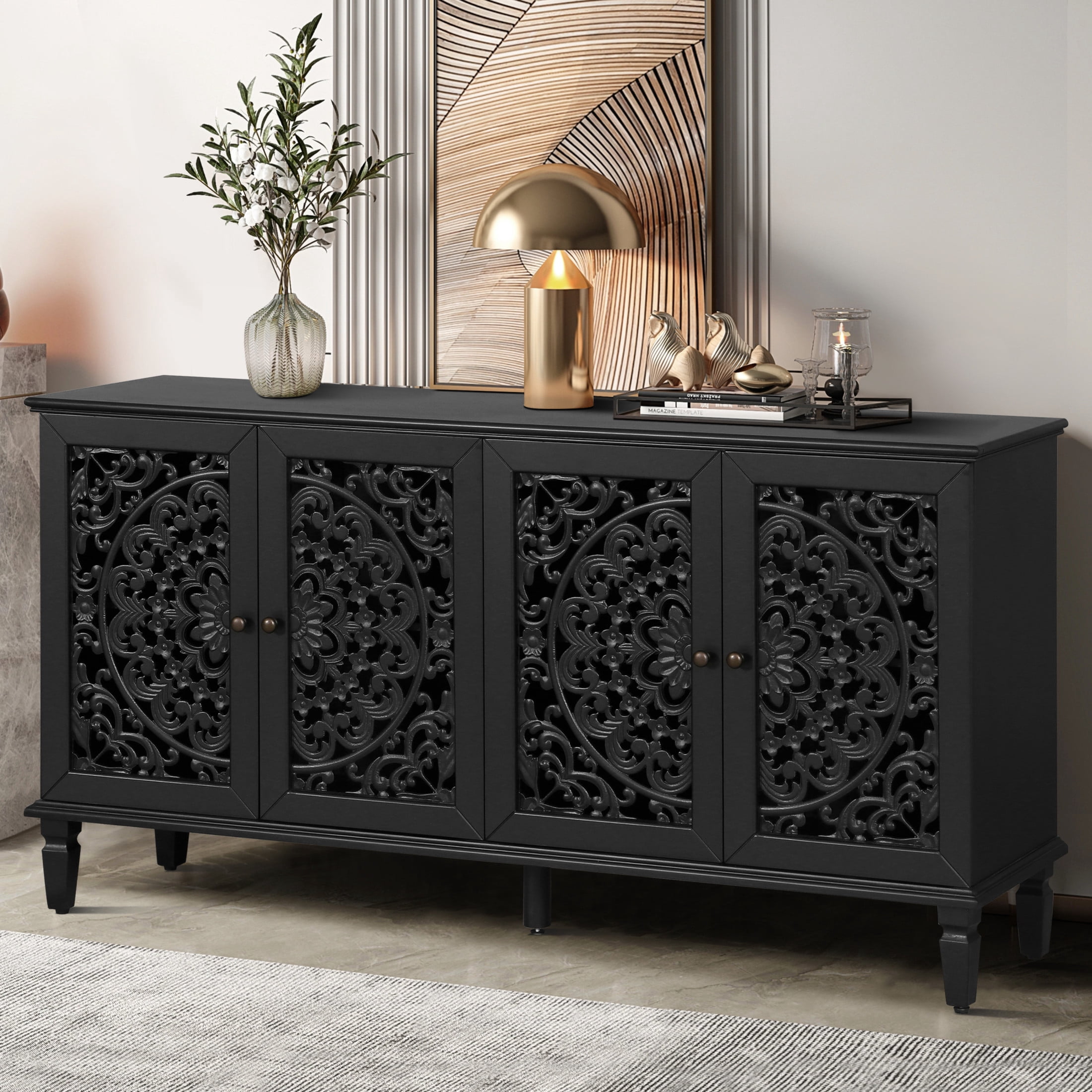 Noble House Sideboard Buffet Cabinet with Floral Carvings, Adjustable Shelves, Solid Wood Legs, and Brass Handles, Vintage Style Storage, Black