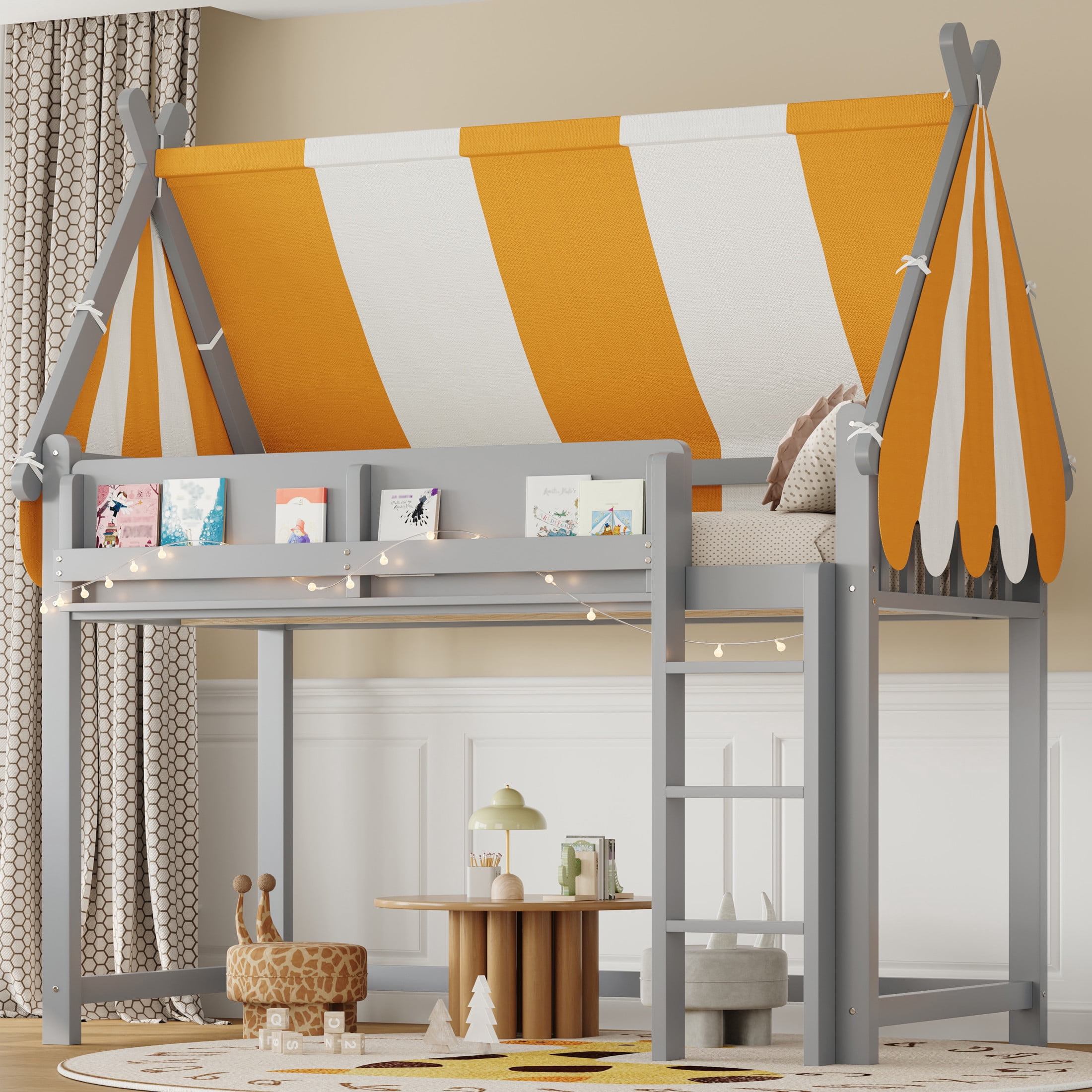 Noble House Sidney Twin Size Loft Bed with Canopy and LED Lights, Wood Loft Bed with Bookshelf, Playful Design, Gray