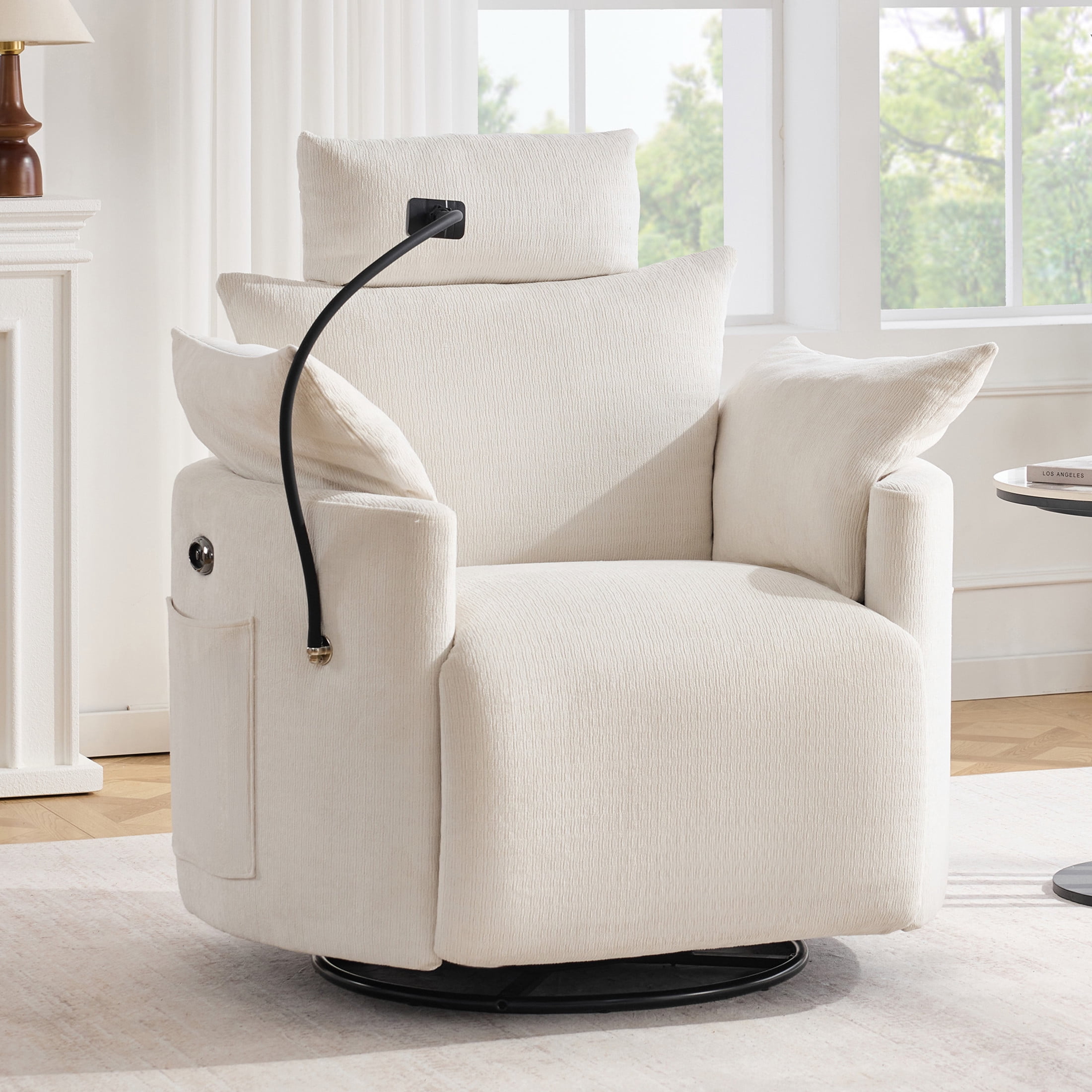 Noble House Sigrid 210° Swivel Rocking Recliner Chair, Electric Power Adjustable Chenille Armchair with USB, White