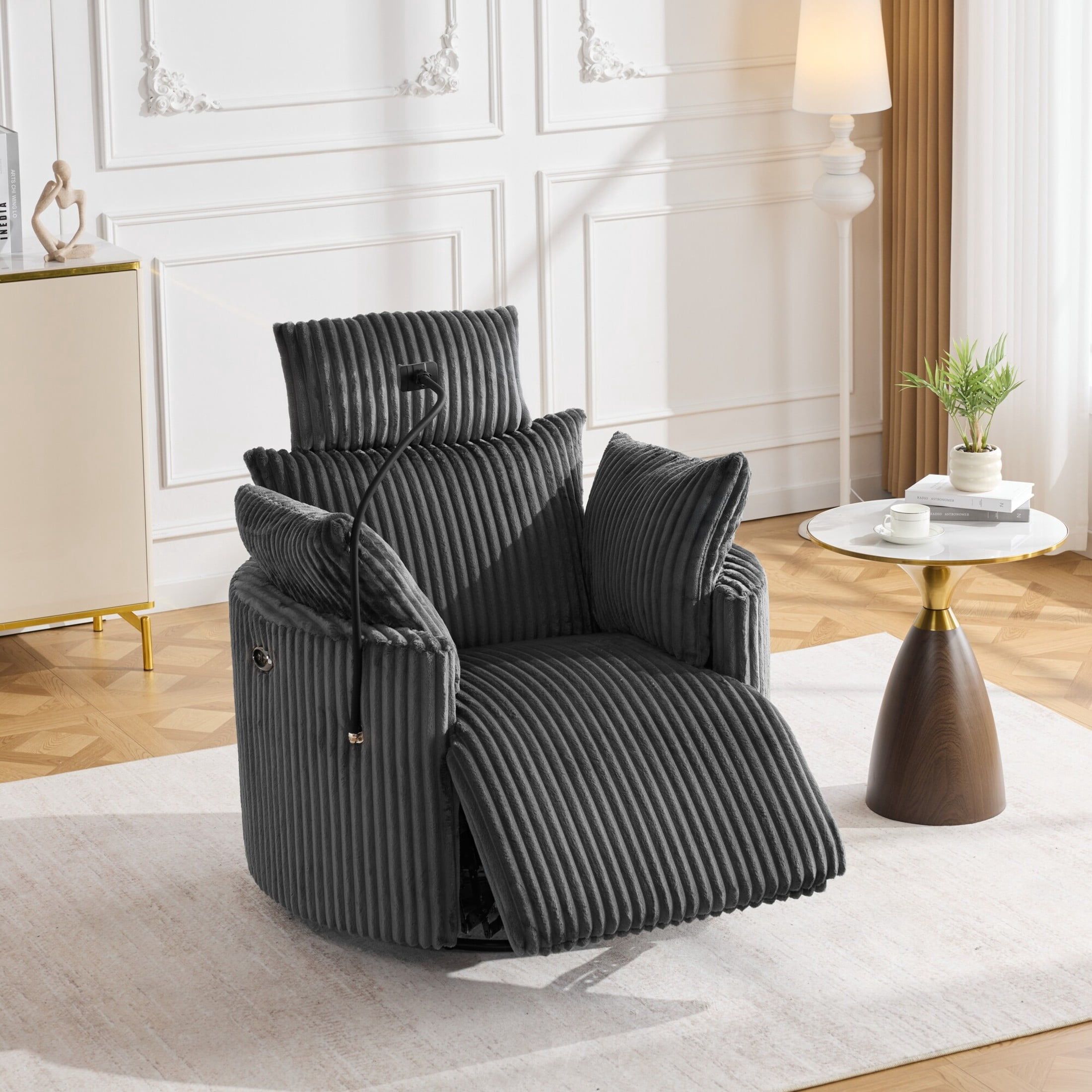Noble House Sigrid 210° Swivel Rocking Recliner Chair, Electric Power Adjustable Corduroy Armchair with USB, Gray