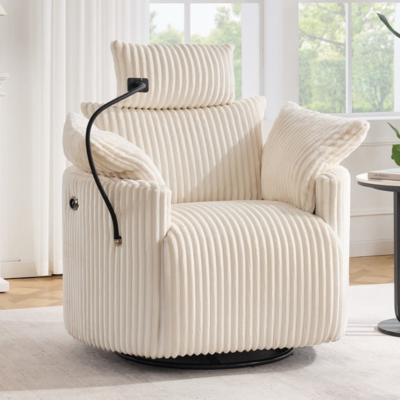 Noble House Sigrid 210° Swivel Rocking Recliner Chair, Electric Power Adjustable Corduroy Armchair with USB, White