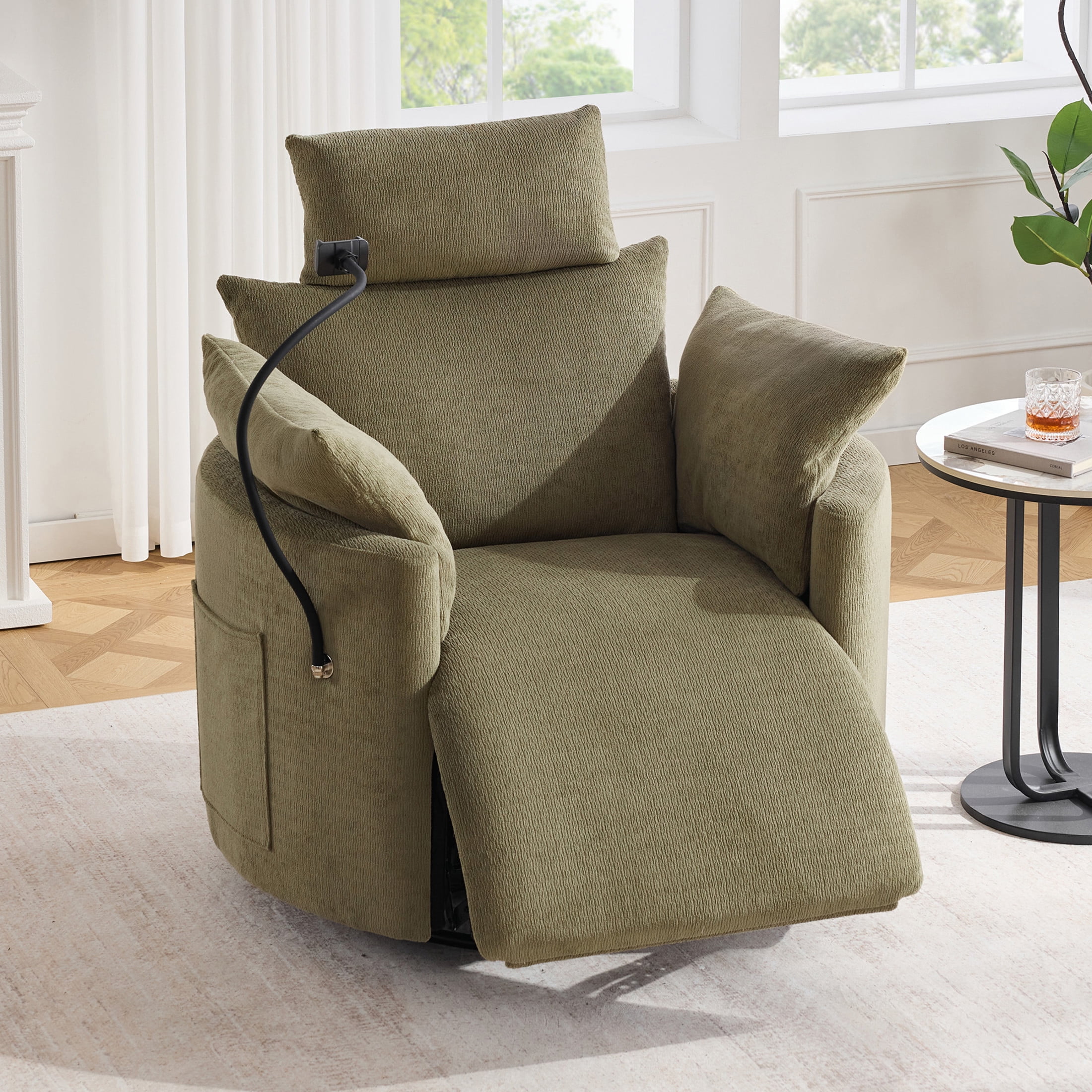 Noble House Sigrid 360° Swivel Rocking Recliner Chair, Electric Power Adjustable Chenille Armchair with USB, Light Green